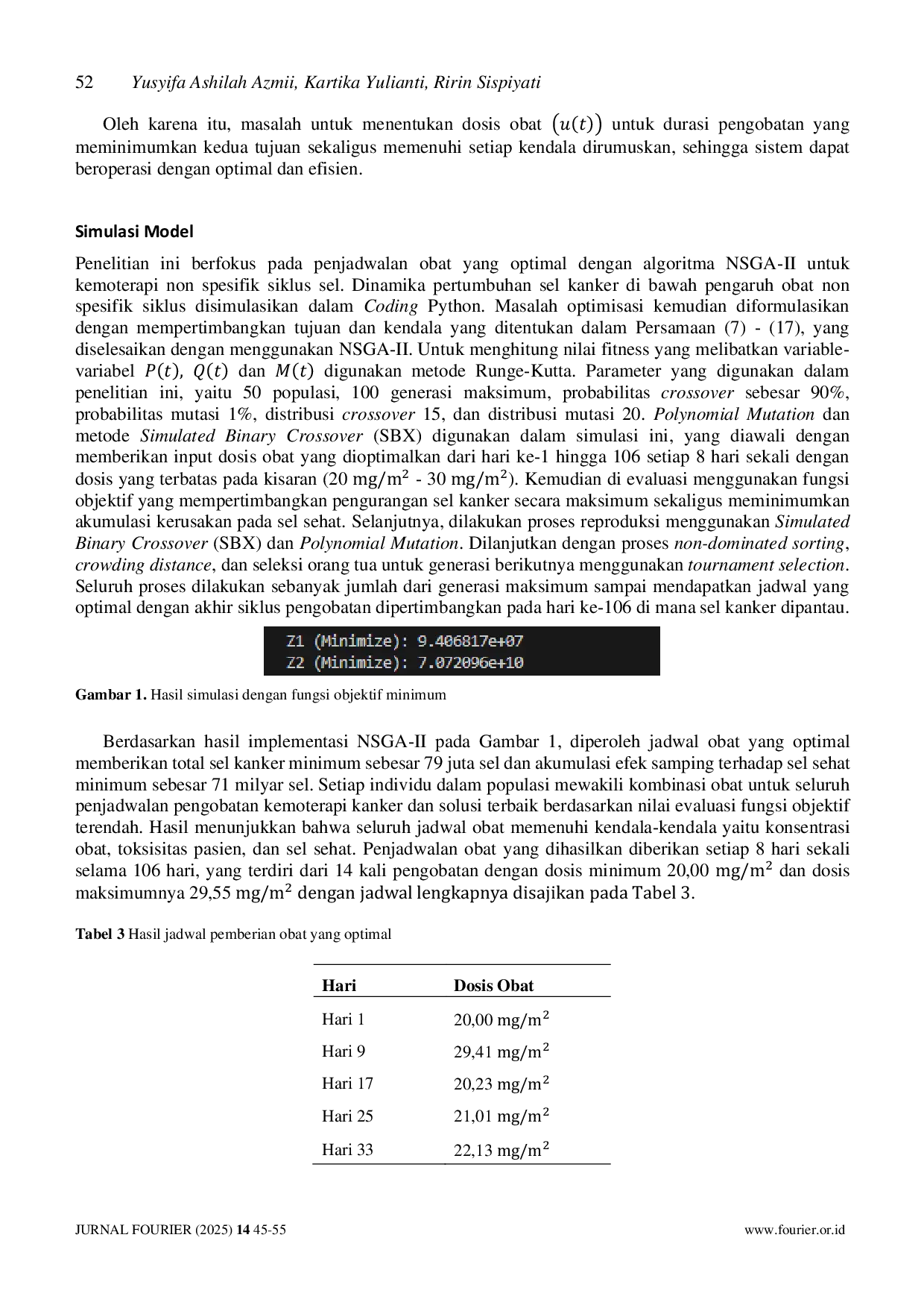 JURIS Model Matematika Penjadwalan Obat Kemoterapi Kanker secara Optimal Menggunakan Non dominated Sorting Genetic Algorithm II NSGA II