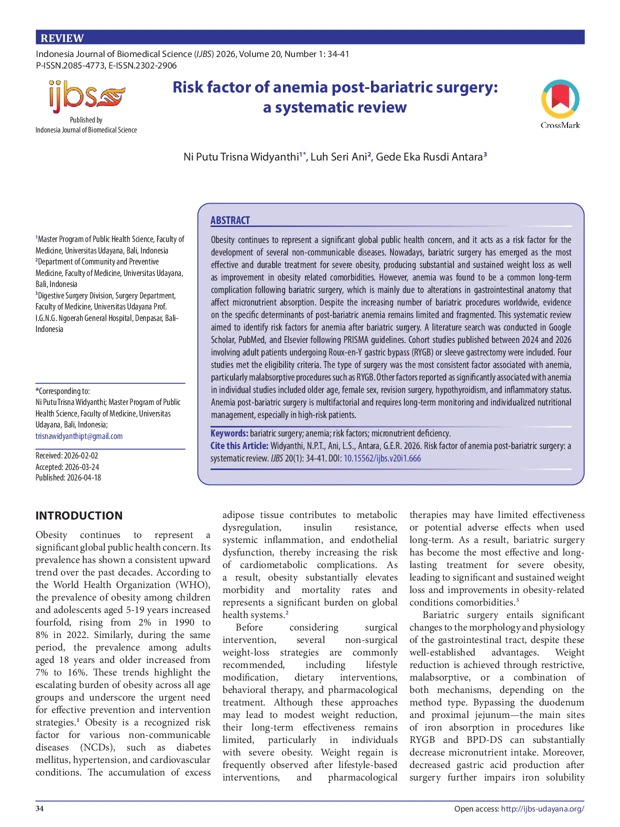 JURIS Risk factor of anemia post bariatric surgery a systematic review