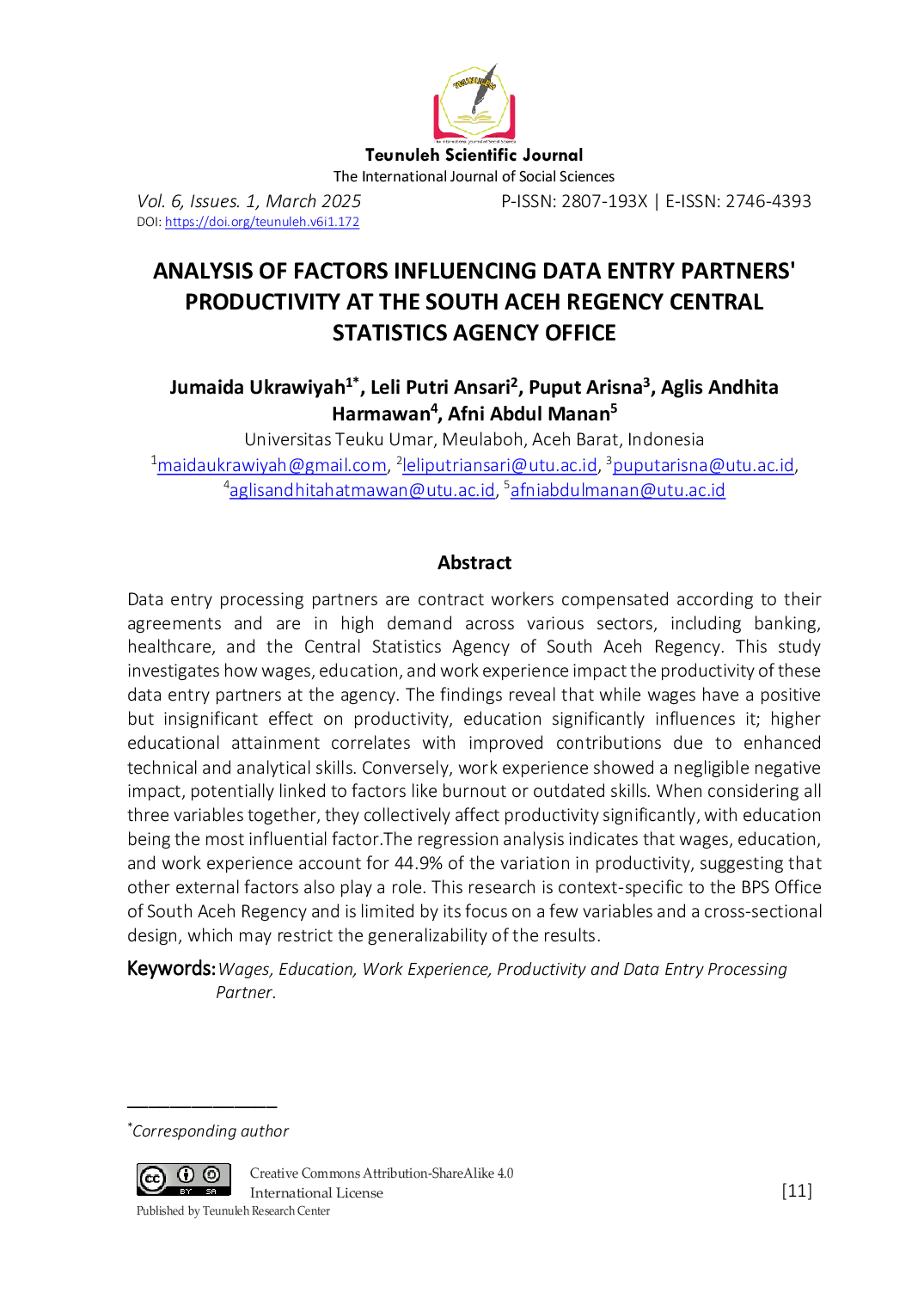 JURIS Analysis Of Factors Influencing Data Entry Partners Productivity At The South Aceh Regency Central Statistics Agency Office