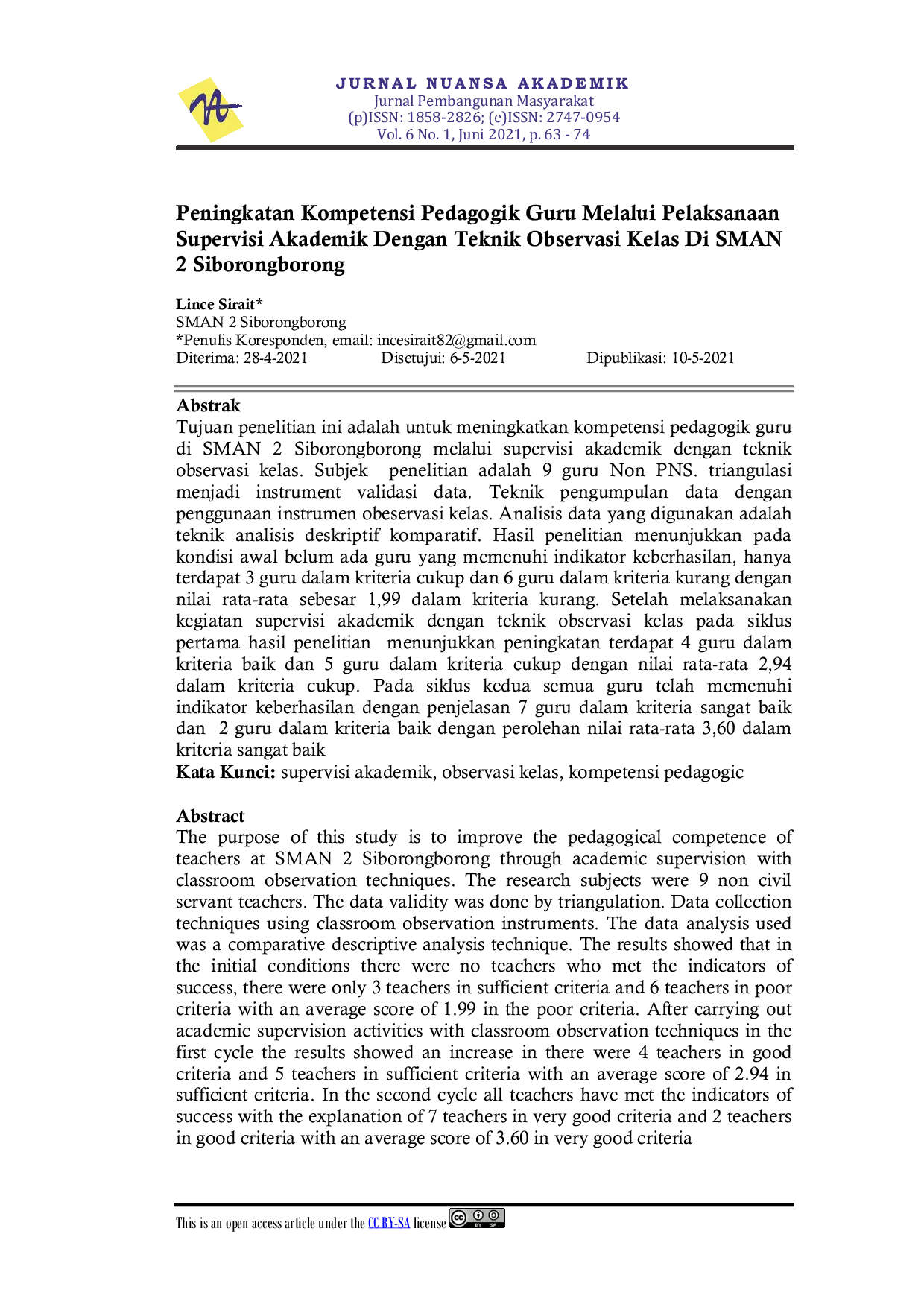 JURIS Peningkatan Kompetensi Pedagogik Guru Melalui Pelaksanaan Supervisi Akademik Dengan Teknik Observasi Kelas Di SMAN 2 Siborongborong