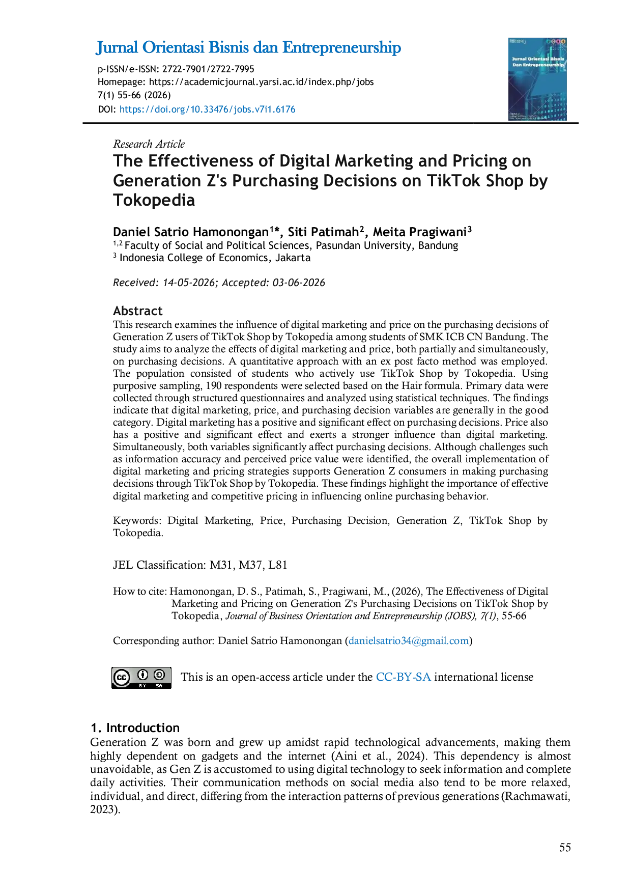 JURIS The Effectiveness of Digital Marketing and Pricing on Generation Z s Purchasing Decisions on TikTok Shop by Tokopedia