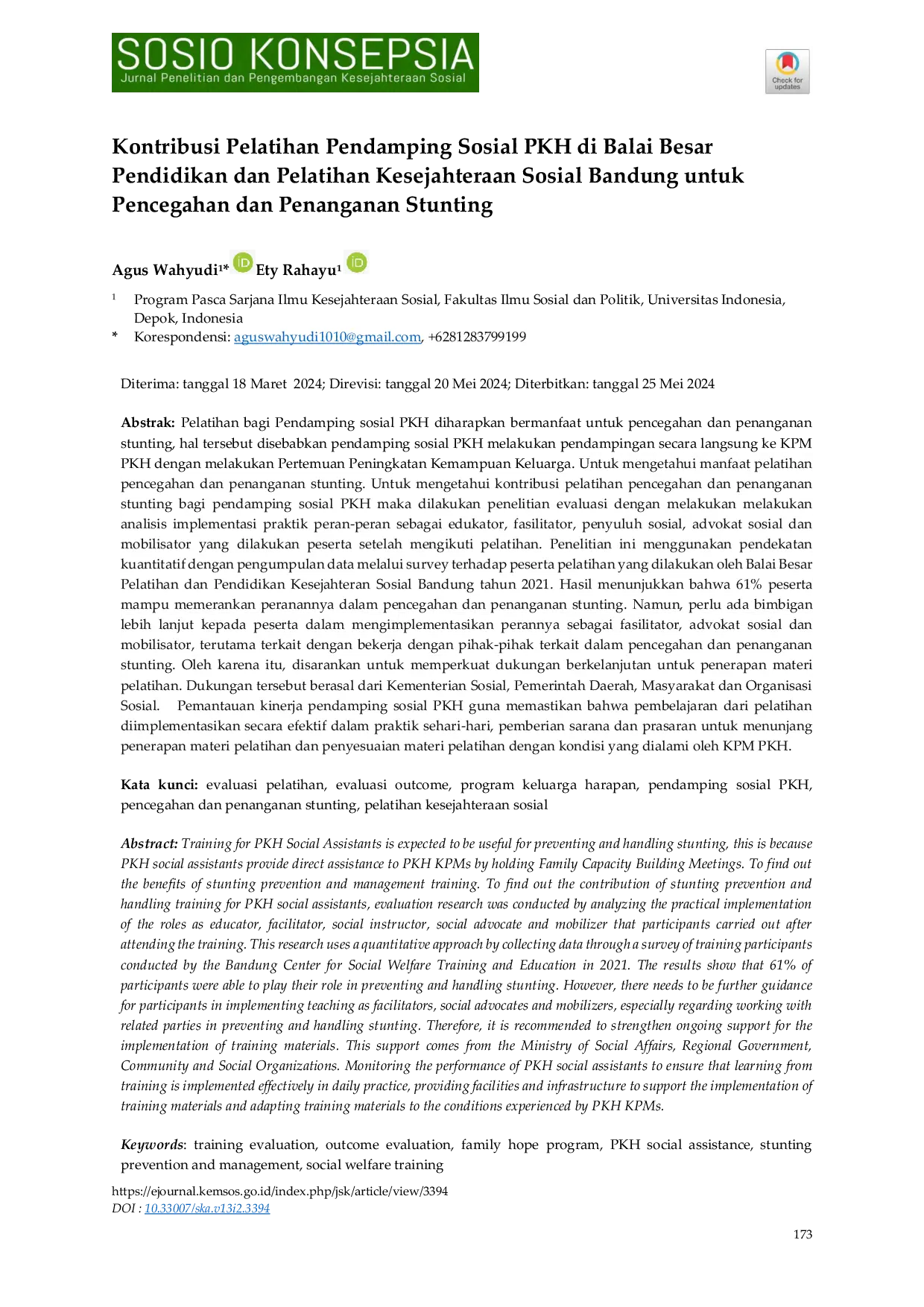 JURIS Kontribusi Pelatihan Pendamping Sosial PKH di Balai Besar Pendidikan dan Pelatihan Kesejahteraan Sosial Bandung untuk Pencegahan dan Penanganan Stunting