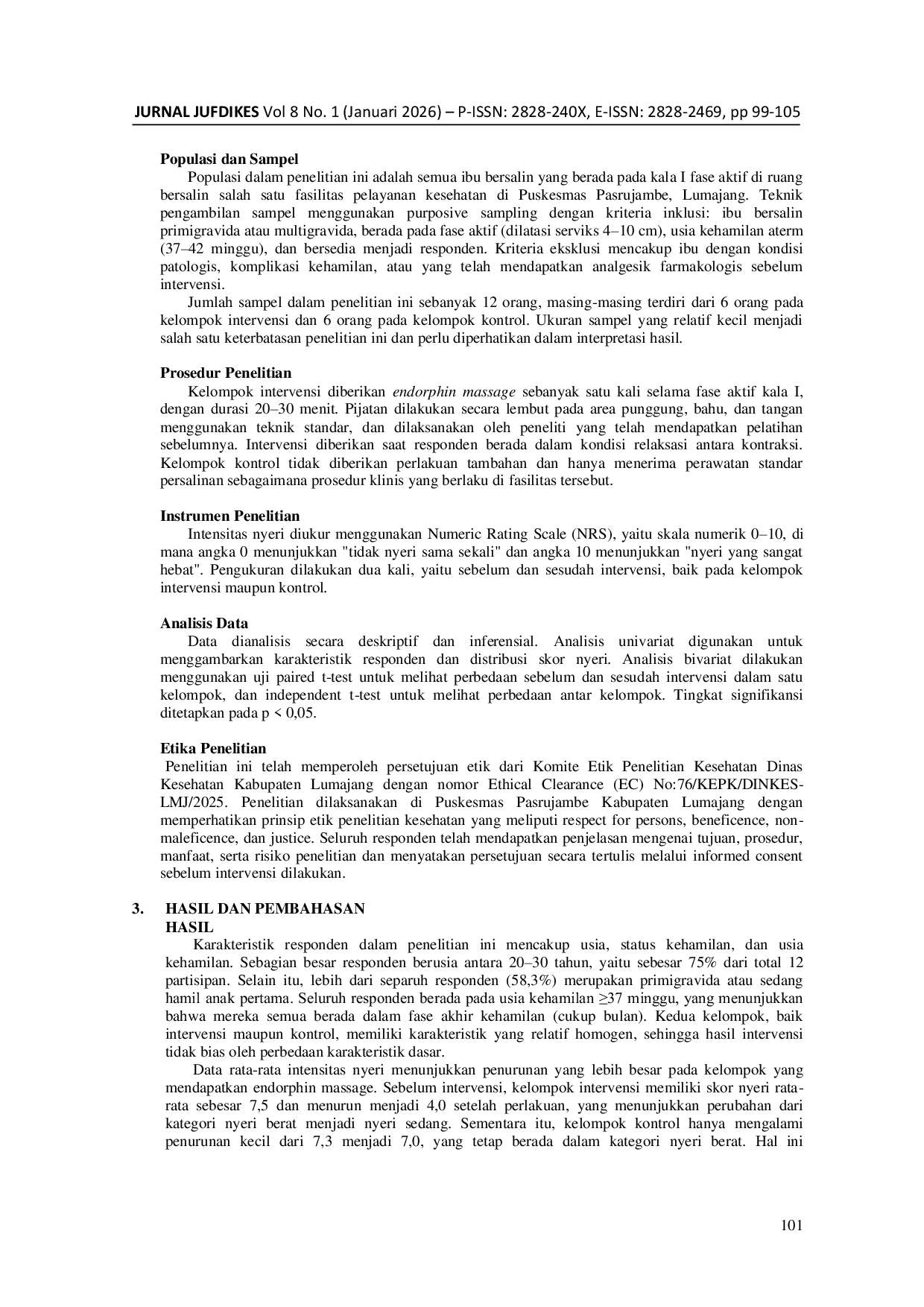 JURIS Pengaruh Endorphin Massage Terhadap Pengurangan Intensitas Nyeri Pada Persalinan Kala 1 Fase Aktif Puskesmas Pasrujambe