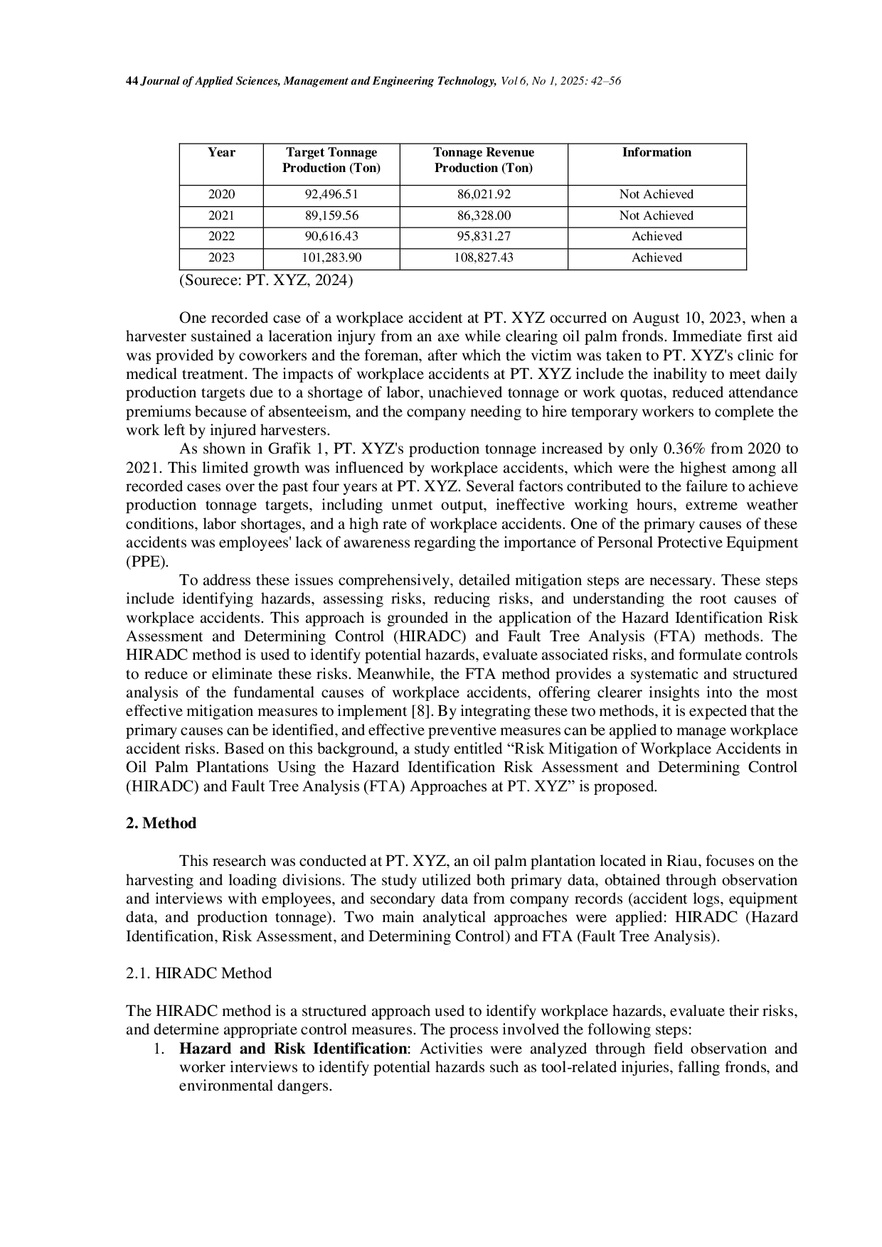 JURIS Risk Mitigation of Workplace Accidents in Oil Palm Plantations Using the HIRADC and FTA Approaches Case Study PT XYZ