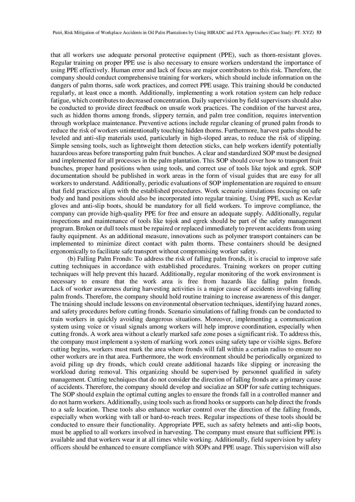JURIS Risk Mitigation of Workplace Accidents in Oil Palm Plantations Using the HIRADC and FTA Approaches Case Study PT XYZ