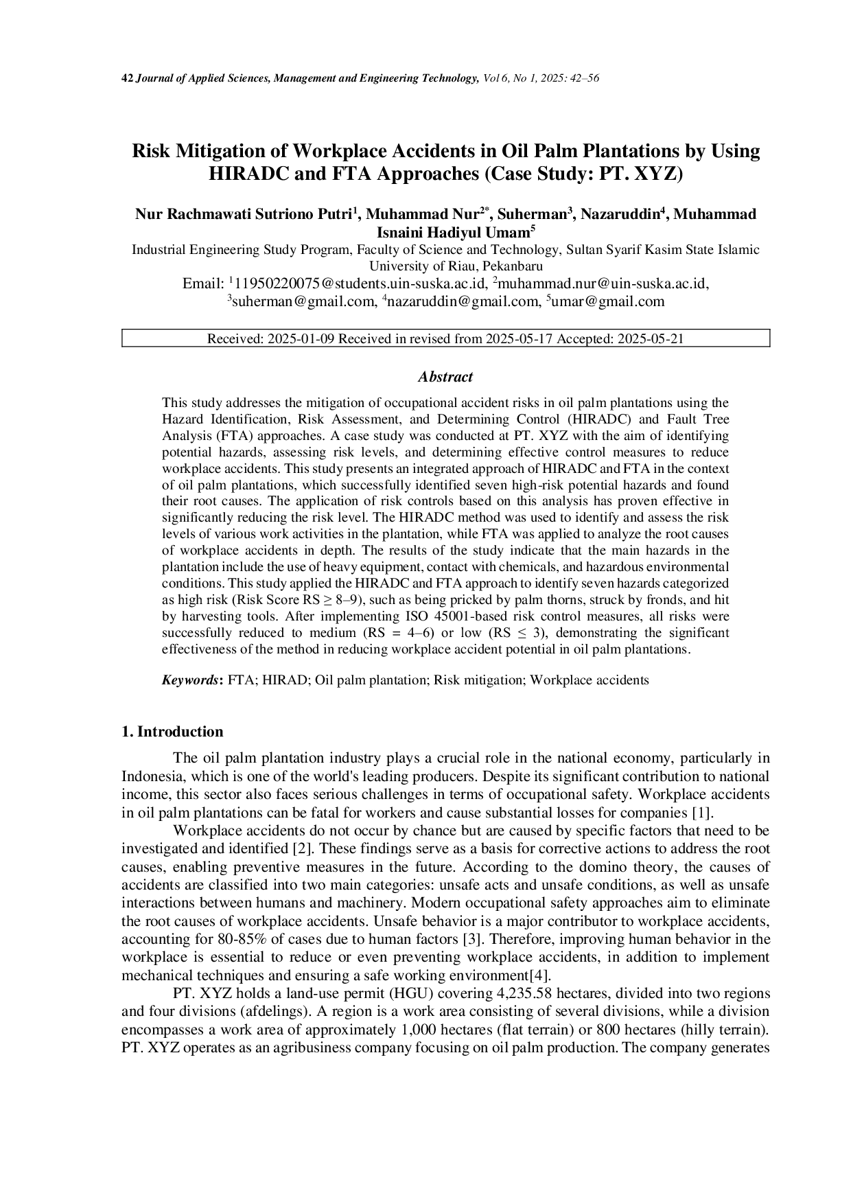 JURIS Risk Mitigation of Workplace Accidents in Oil Palm Plantations Using the HIRADC and FTA Approaches Case Study PT XYZ