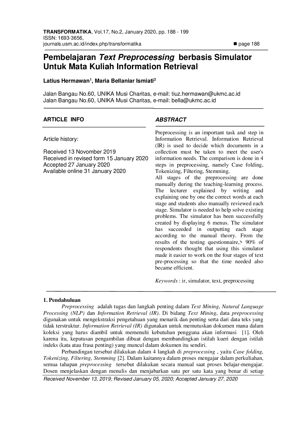 JURIS Pembelajaran Text Preprocessing berbasis Simulator Untuk Mata Kuliah Information Retrieval