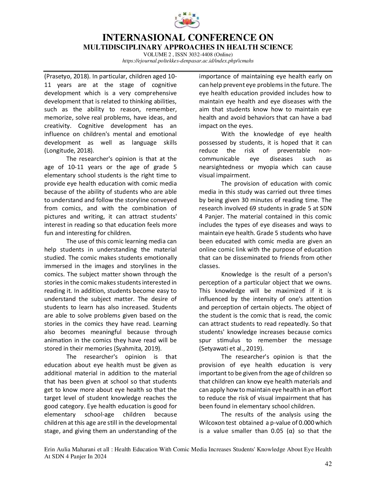 JURIS Health Education With Comic Media Increases Students Knowledge About Eye Health At SDN 4 Panjer In 2024