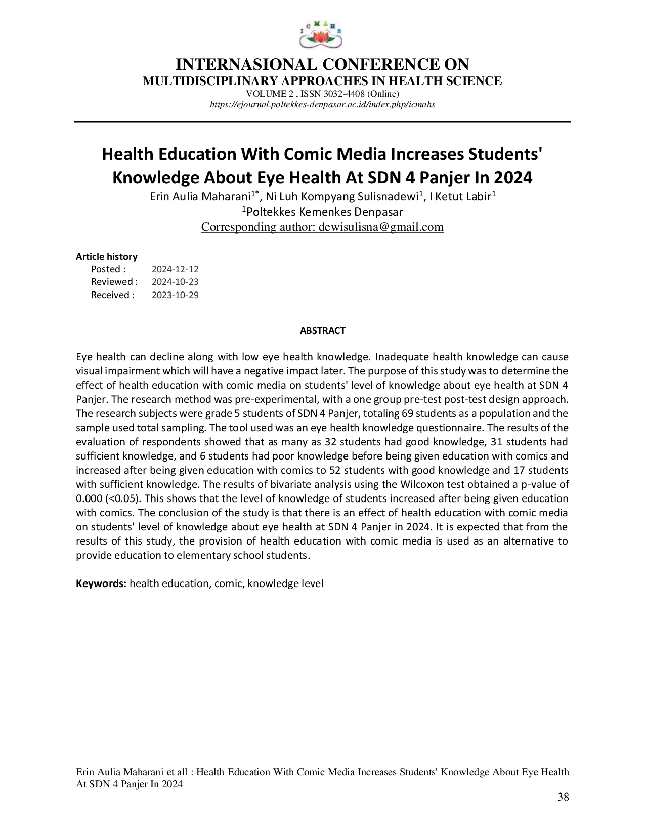JURIS Health Education With Comic Media Increases Students Knowledge About Eye Health At SDN 4 Panjer In 2024