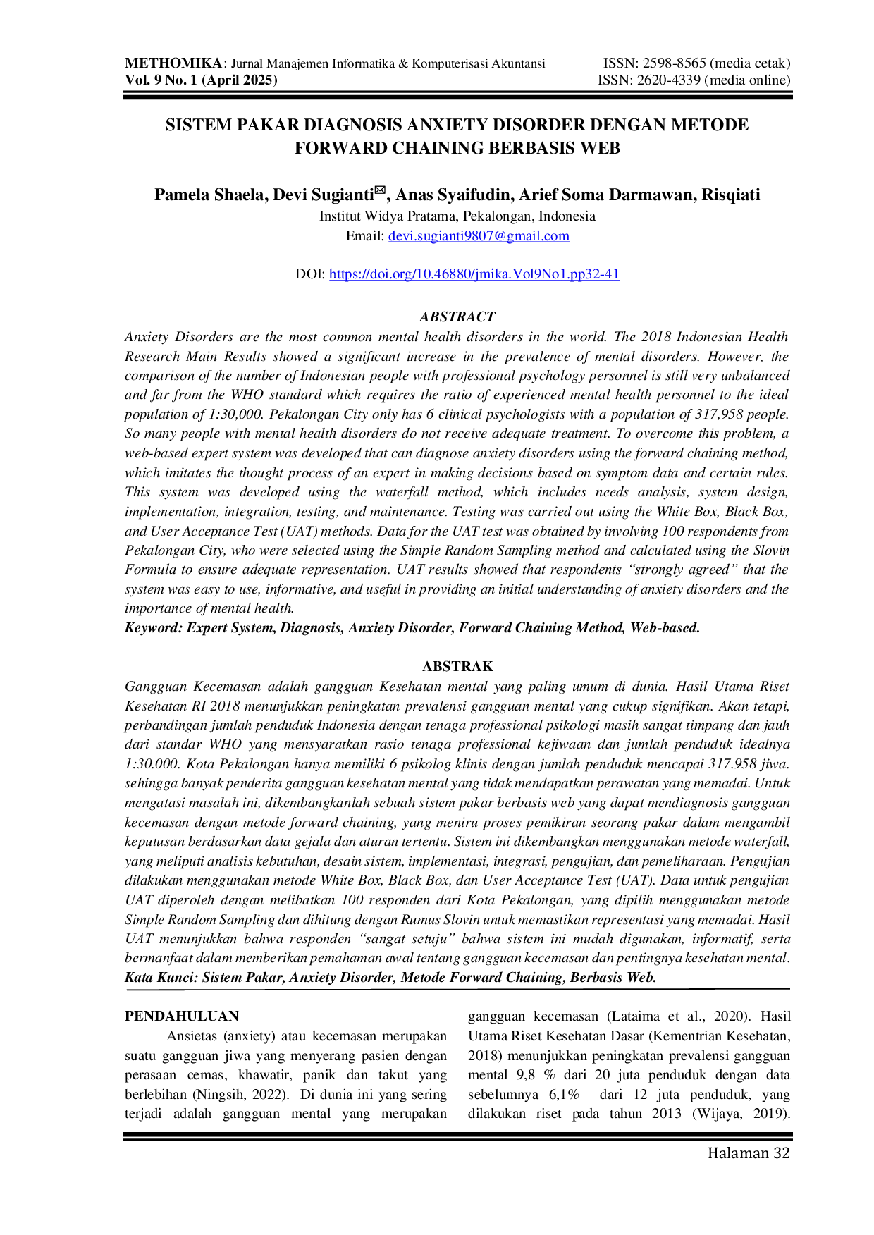 JURIS Sistem Pakar Diagnosis Anxiety Disorder Dengan Metode Forward Chaining Berbasis Web
