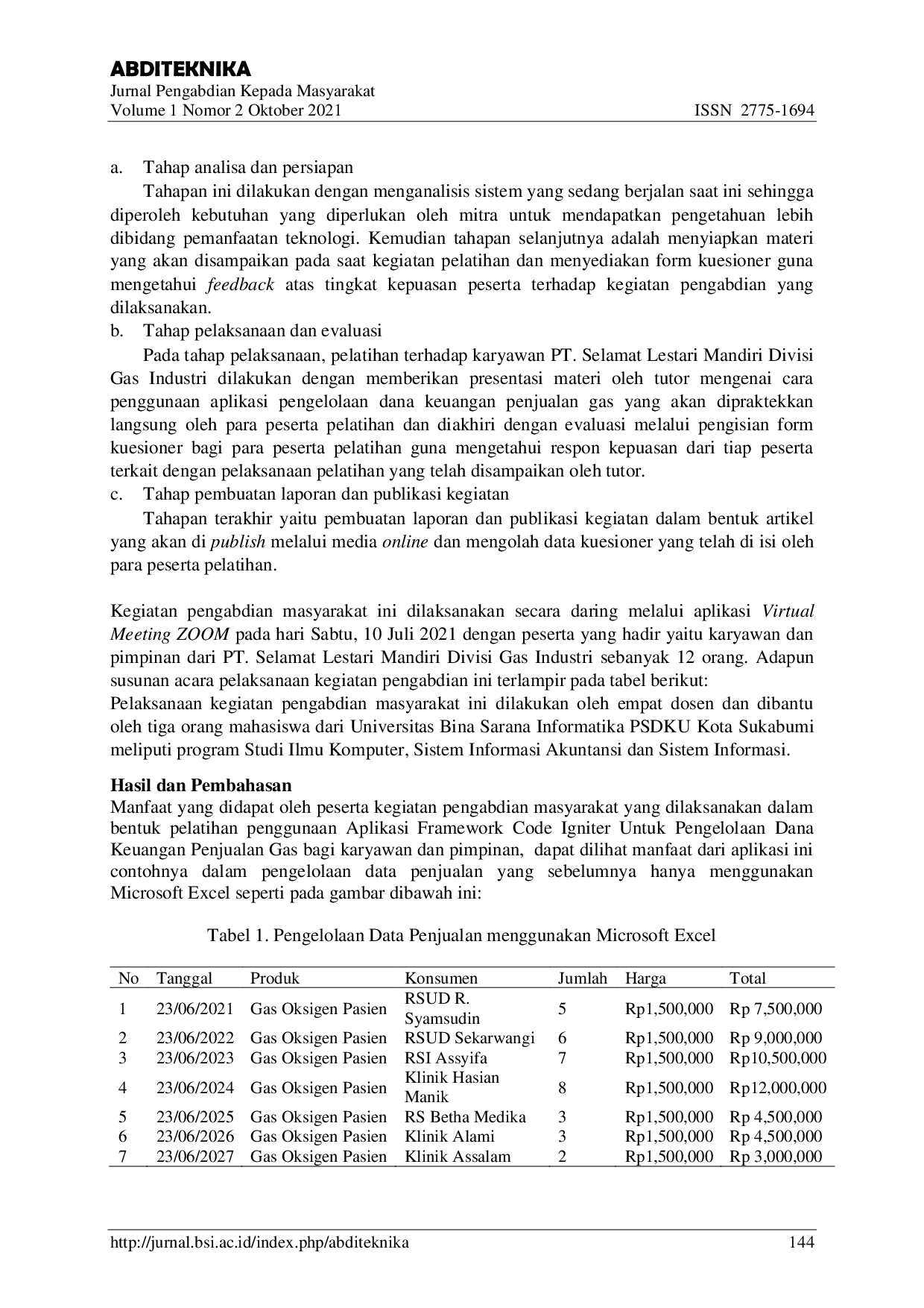 JURIS Pemanfaatan Aplikasi Pengelolaan Dana Keuangan Penjualan Gas Berbasis Framework Code Igniter Pada PT Selamat Lestari Mandiri Divisi Gas Industri