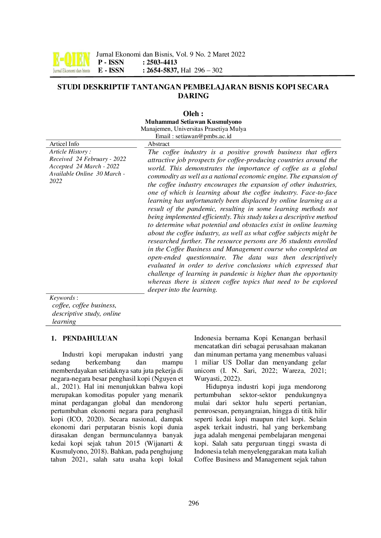 JURIS Studi Deskriptif Tantangan Pembelajaran Bisnis Kopi Secara Daring