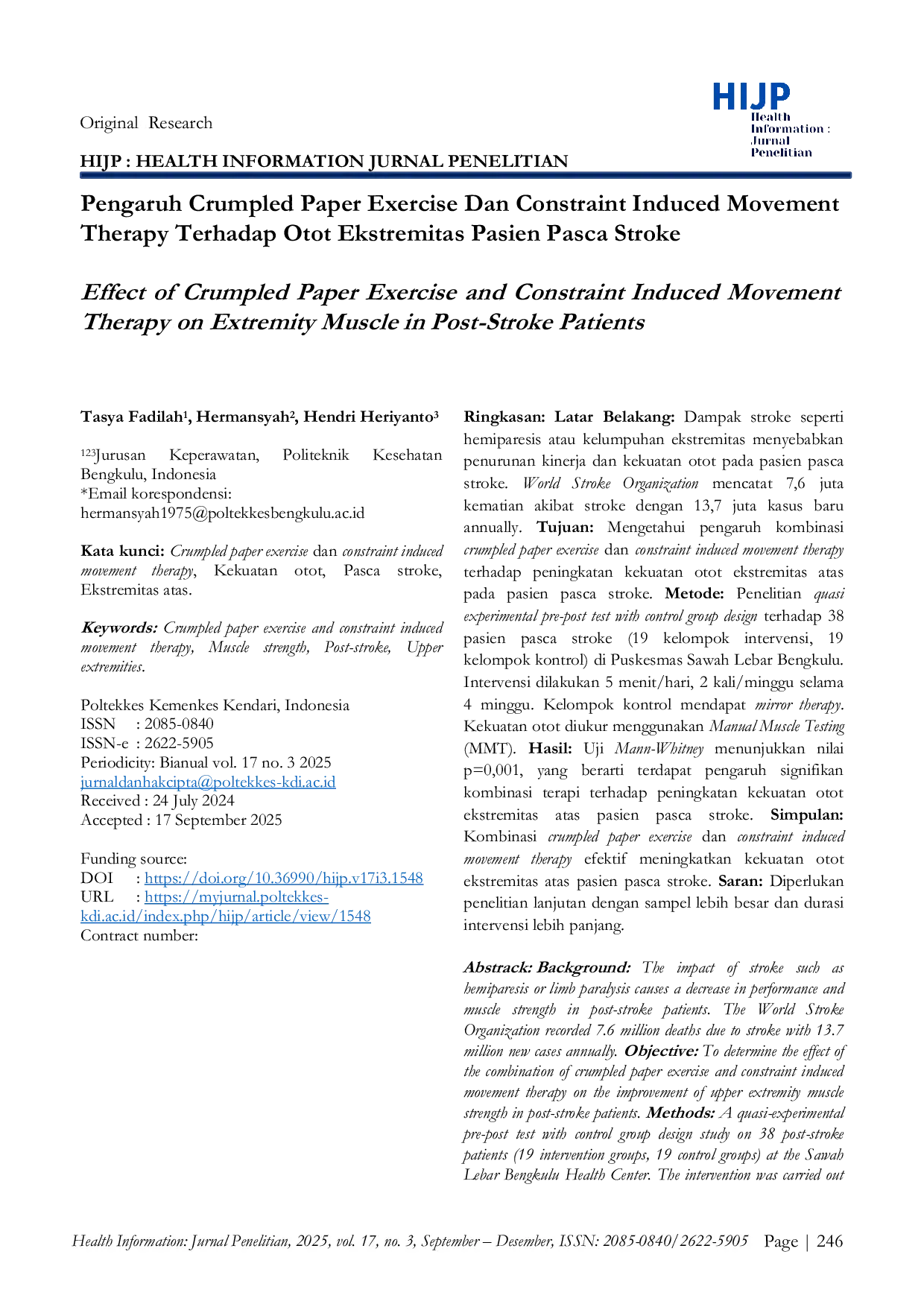JURIS Effect of Crumpled Paper Exercise and ConstraintiInduced Movementi Therapyi on Extremity Muscle in Post Stroke Patients