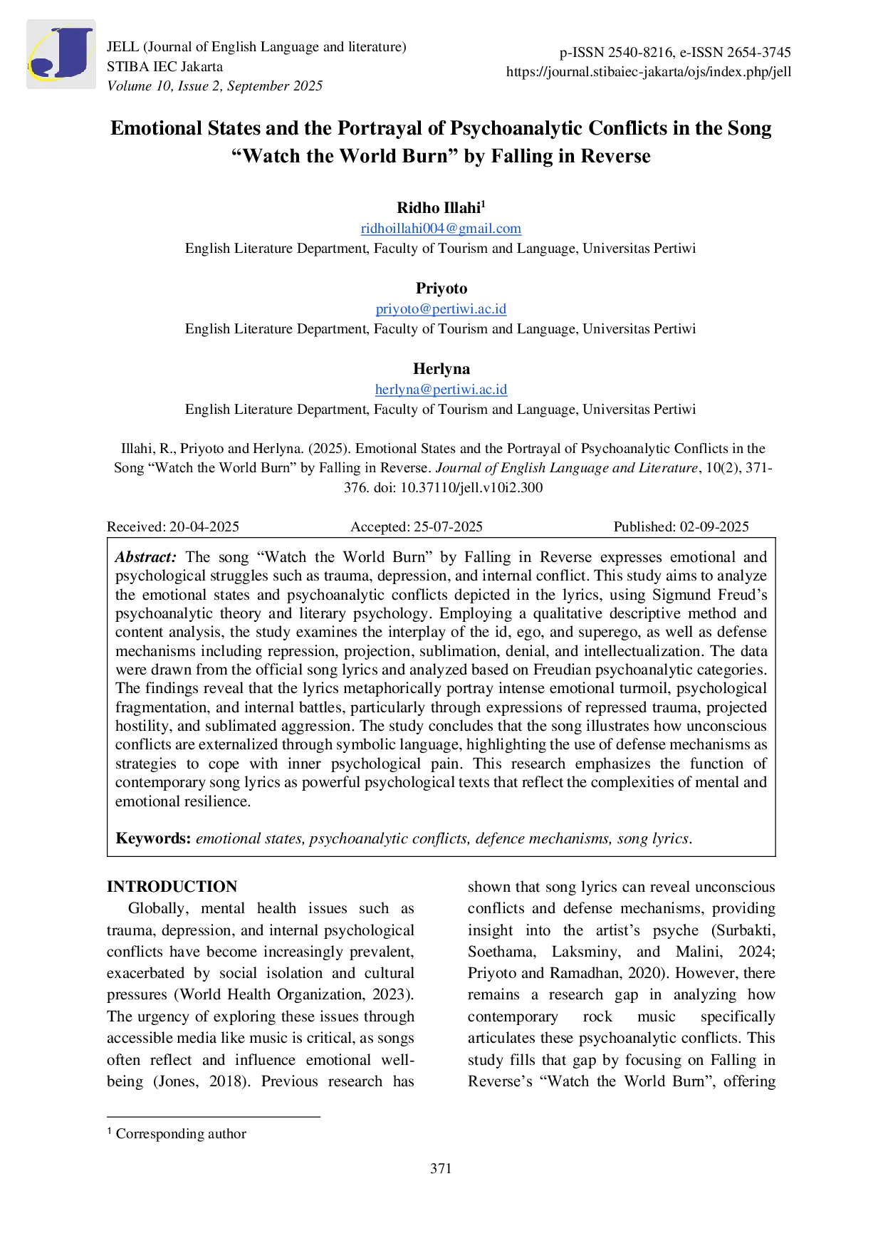 JURIS Emotional States and the Portrayal of Psychoanalytic Conflicts in the Song Watch the World Burn by Falling in Reverse