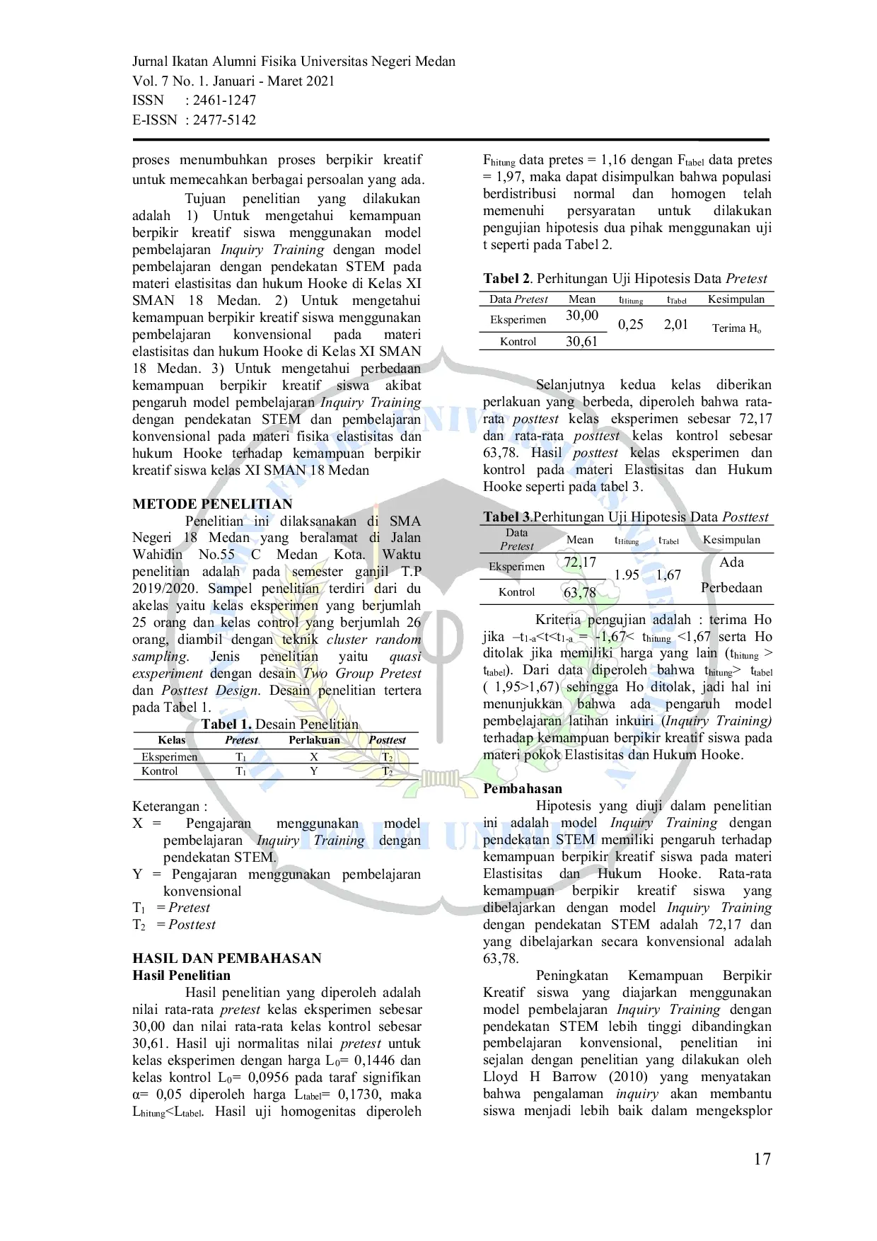 JURIS The Effect of Inquiry Training Learning Model with STEM Approach on Students Creative Thinking Ability in Physics Learning