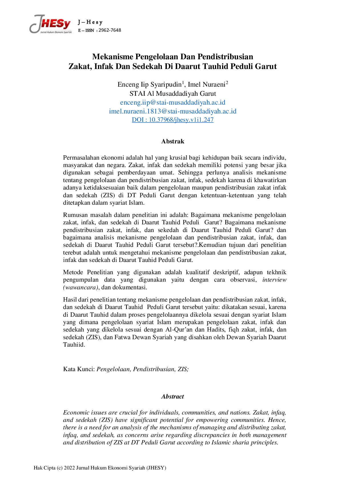 JURIS Mekanisme Pengelolaan Dan Pendistribusian Zakat Infak Dan Sedekah Di Daarut Tauhid Peduli Garut