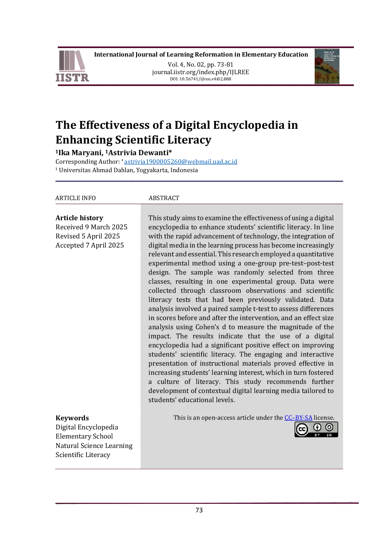 JURIS The Effectiveness of a Digital Encyclopedia in Enhancing Scientific Literacy