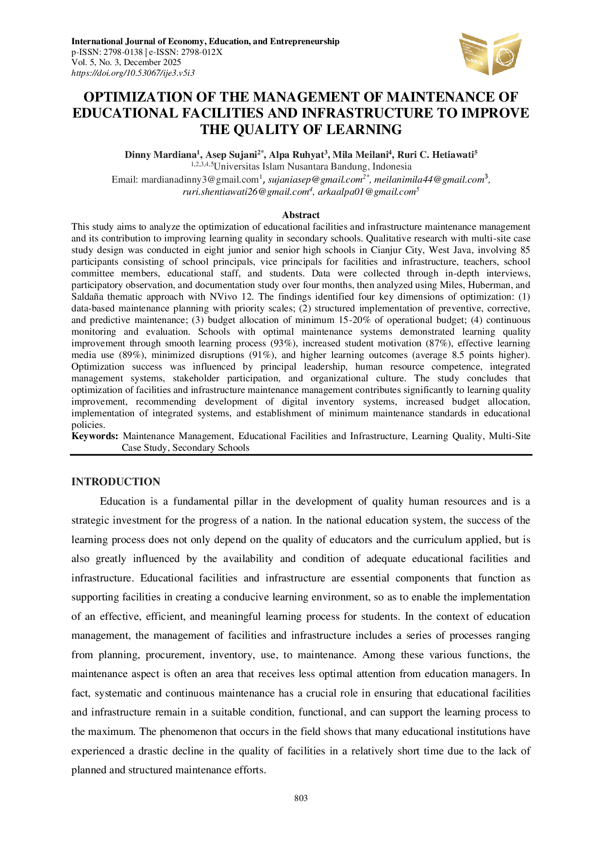 JURIS Optimization Of The Management Of Maintenance Of Educational Facilities And Infrastructure To Improve The Quality Of Learning