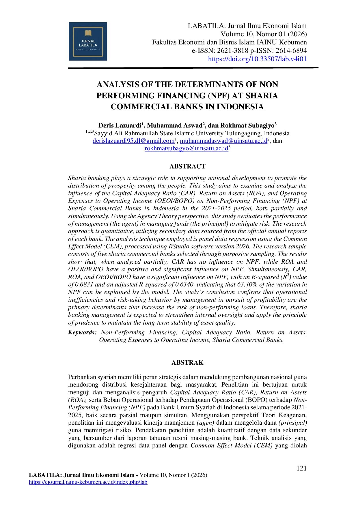 JURIS Analysis of the Determinants of Non Performing Financing NPF at Sharia Commercial Banks in Indonesia