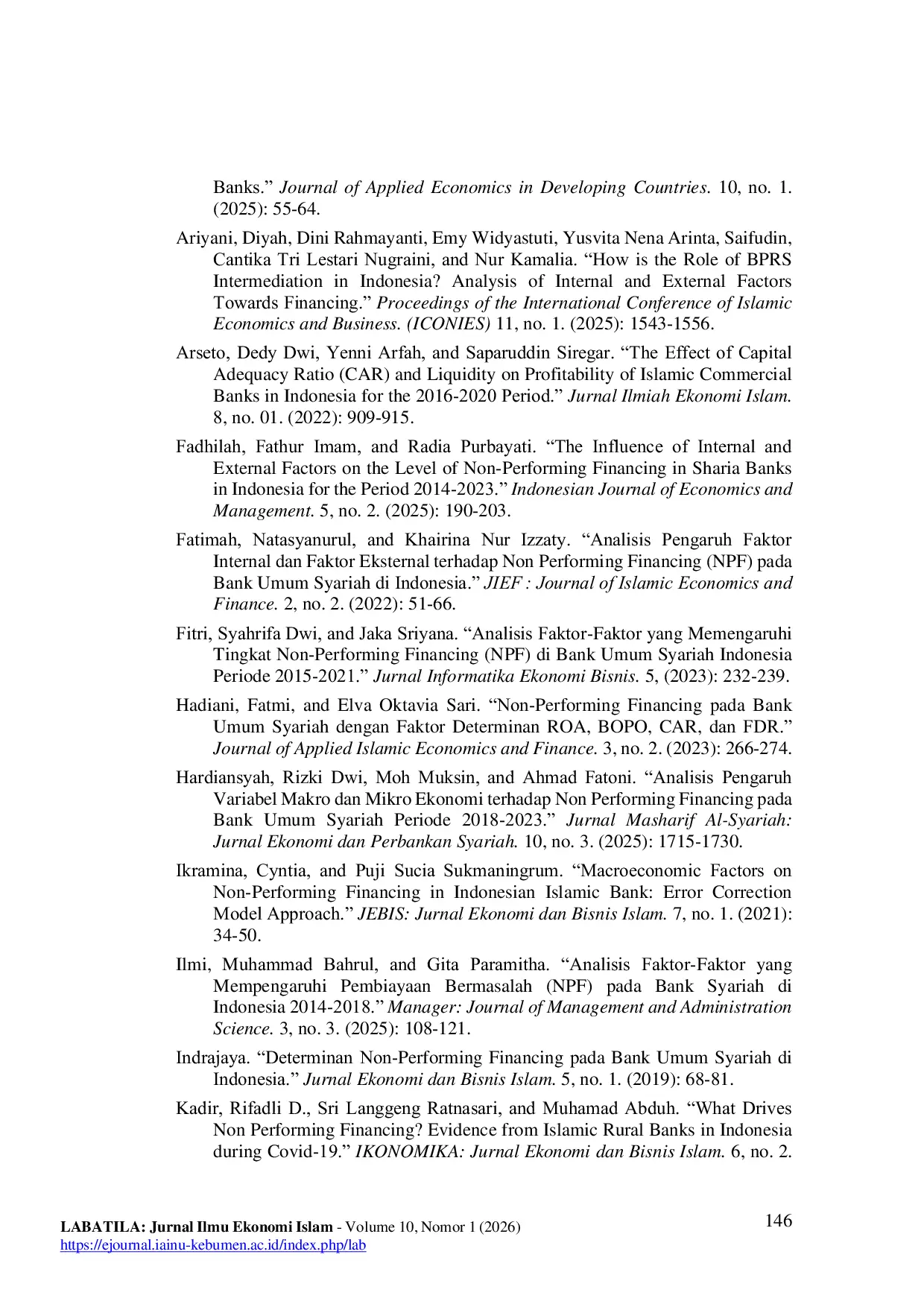 JURIS Analysis of the Determinants of Non Performing Financing NPF at Sharia Commercial Banks in Indonesia