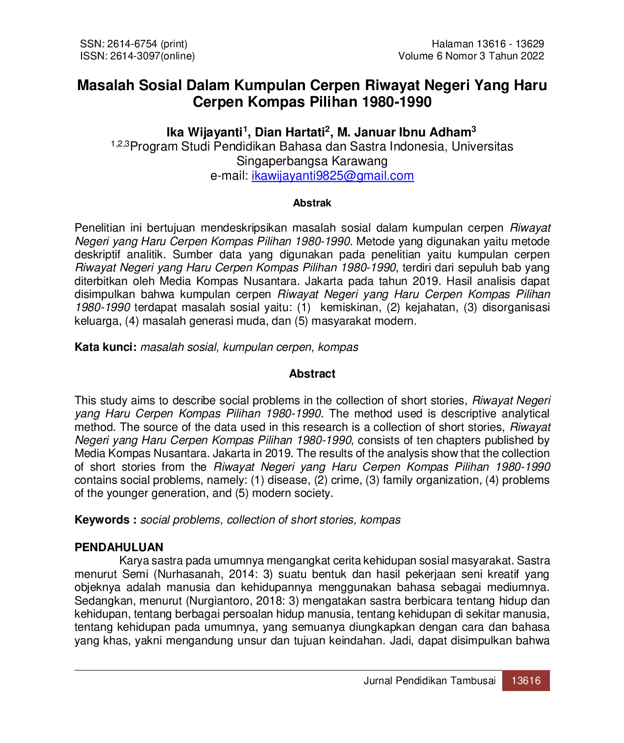 JURIS Masalah Sosial Dalam Kumpulan Cerpen Riwayat Negeri Yang Haru Cerpen Kompas Pilihan 1980 1990