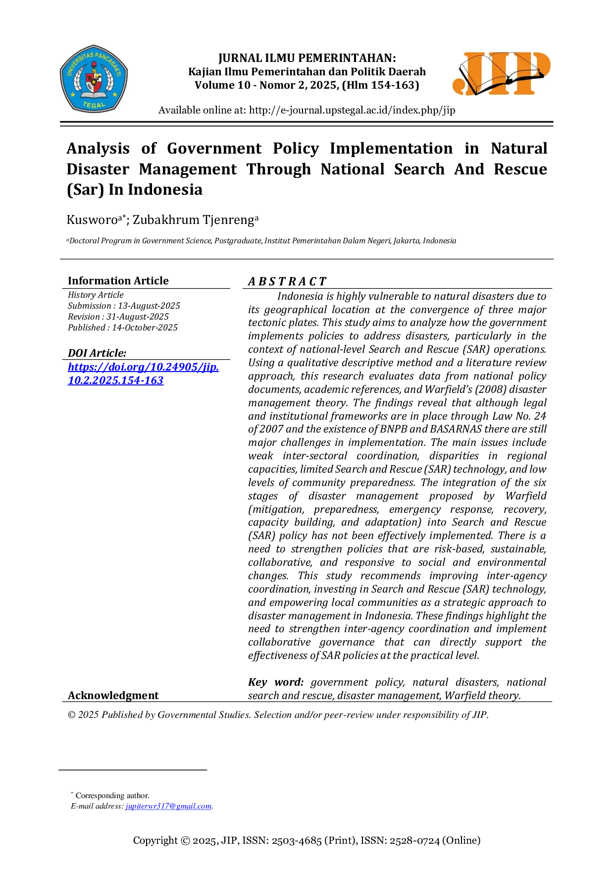 JURIS Analysis of Government Policy Implementation in Natural Disaster Management Through National Search And Rescue Sar In Indonesia
