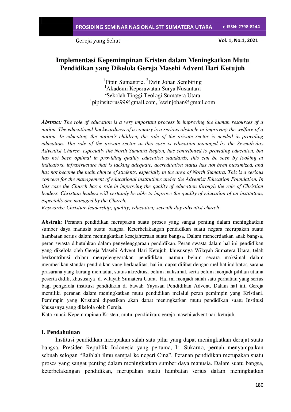 JURIS Implementasi Kepemimpinan Kristen dalam Meningkatkan Mutu Pendidikan yang Dikelola Gereja Masehi Advent Hari Ketujuh