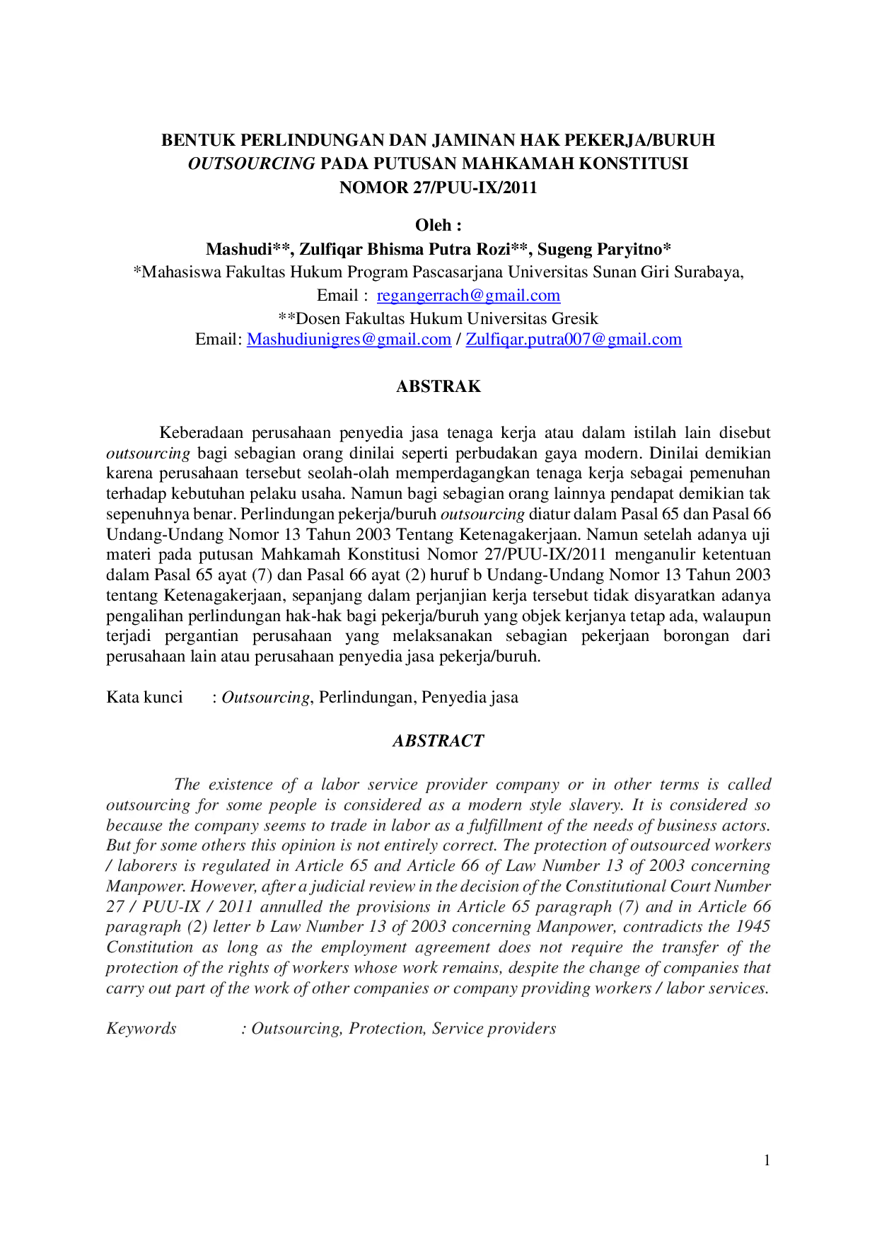 juris Bentuk Perlindungan Dan Jaminan Hak Pekerja Buruh Outsourcing Pada Putusan Mahkamah Konstitusi Nomor 27 PUU IX 2011