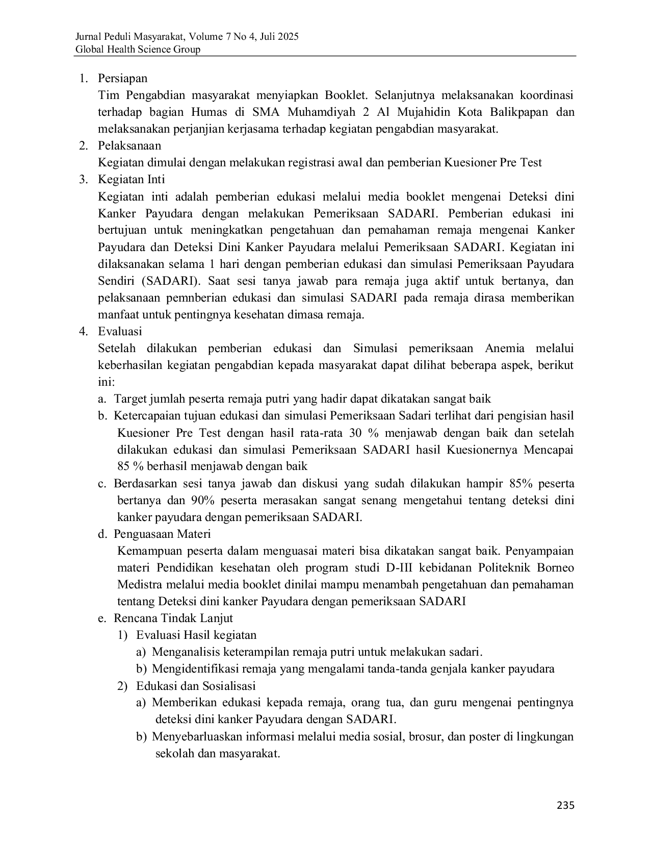 JURIS Edukasi dan Simulasi Pemeriksaan Payudara Sendiri SADARI pada Remaja