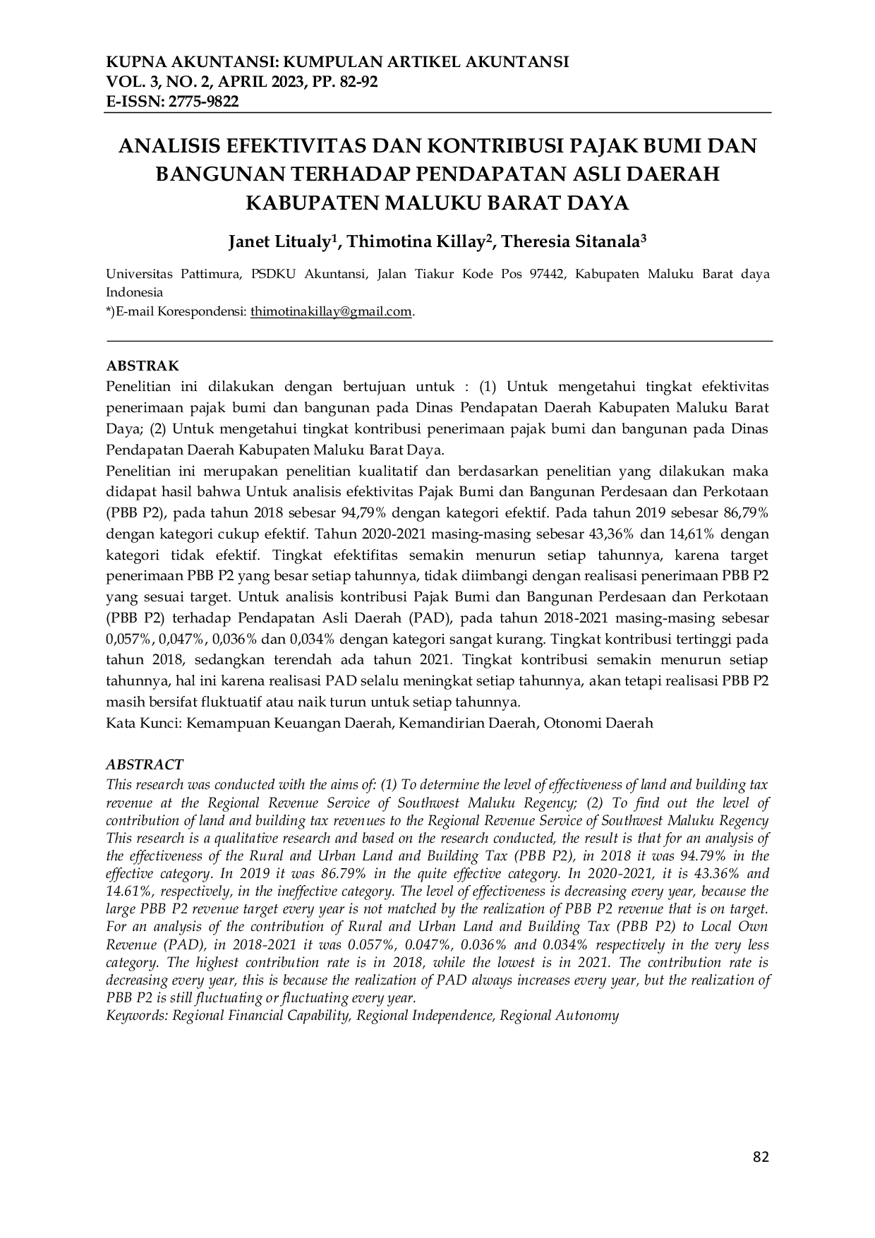 JURIS Analisis Efektivitas dan Kontribusi Pajak Bumi dan Bangunan Terhadap Pendapatan Asli Daerah Kabupaten Maluku Barat Daya