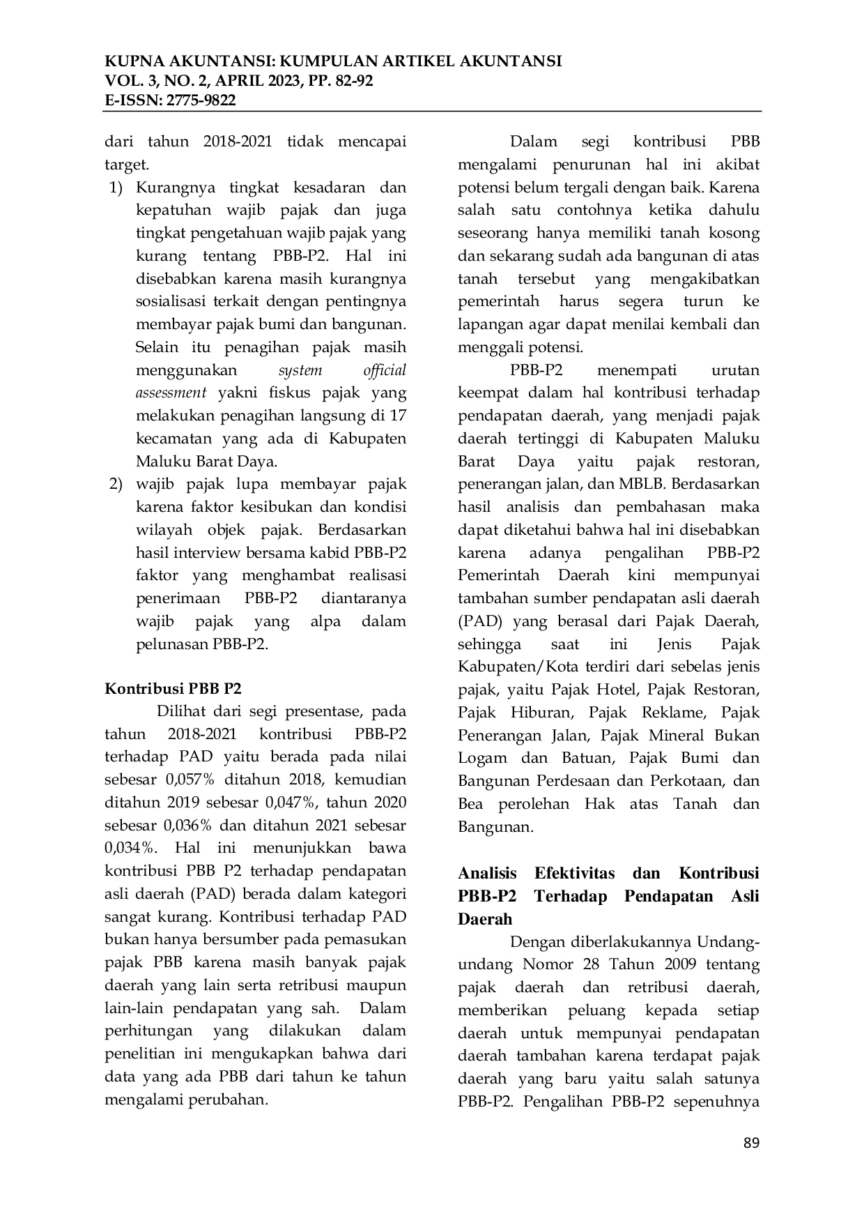 JURIS Analisis Efektivitas dan Kontribusi Pajak Bumi dan Bangunan Terhadap Pendapatan Asli Daerah Kabupaten Maluku Barat Daya