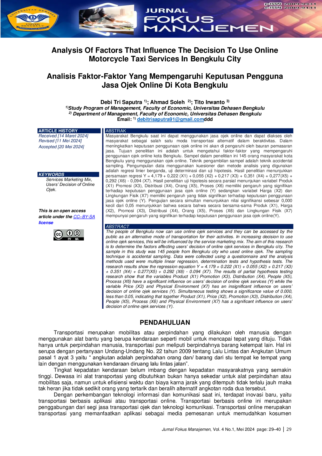 JURIS An Analysis Of Factors Affecting Users Decisions Of Online Ojek Services In Bengkulu City