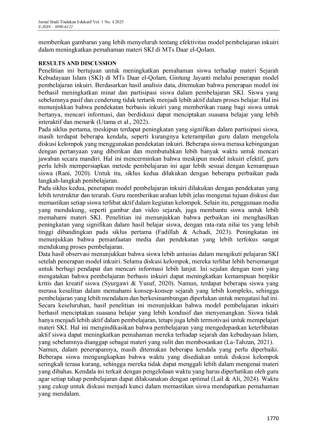 JURIS Implementasi Model Pembelajaran Inkuiri dalam Meningkatkan Pemahaman Materi Sejarah Kebudayaan Islam pada Siswa MTs Daar el Qolam Gintung Jayanti