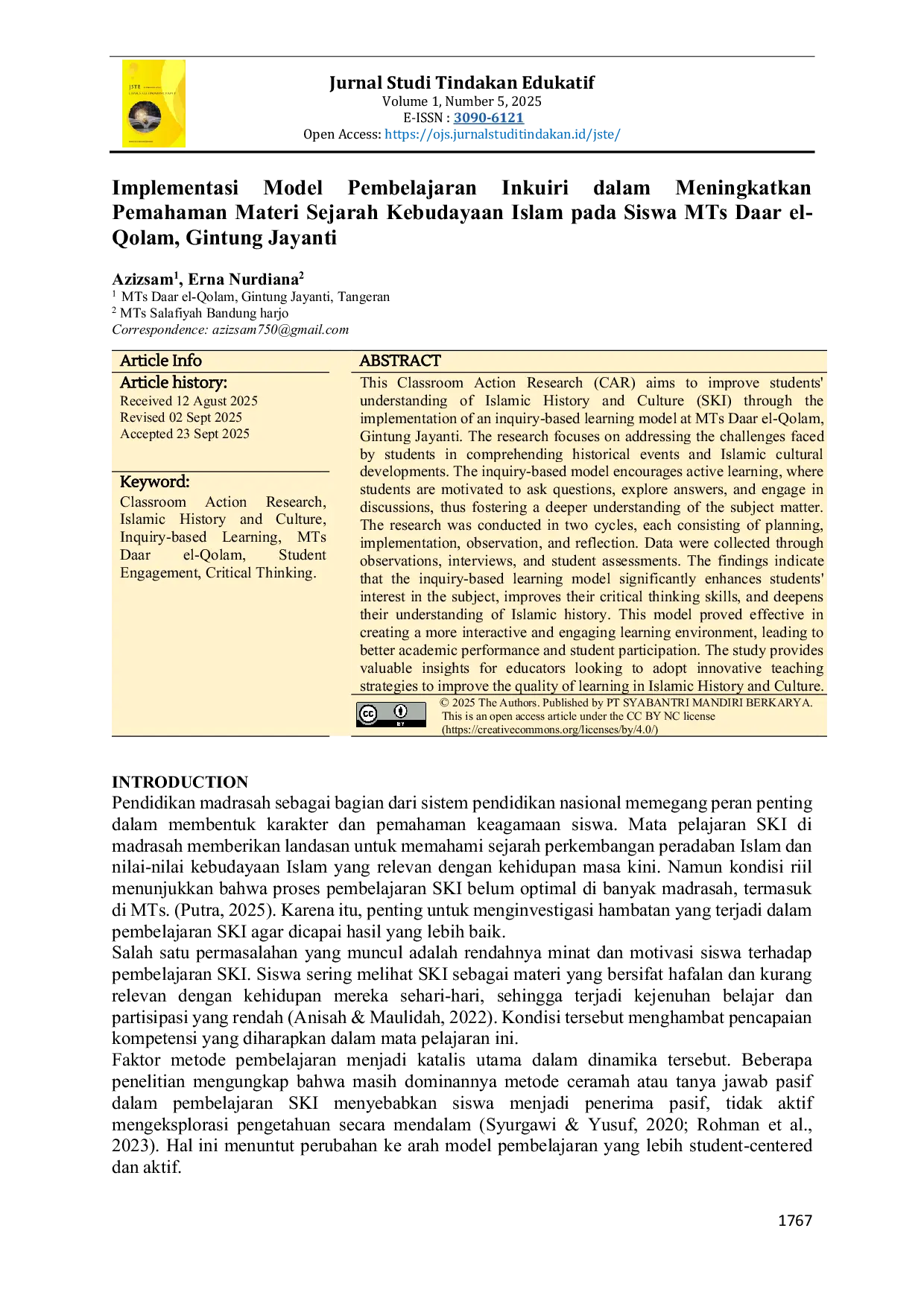 JURIS Implementasi Model Pembelajaran Inkuiri dalam Meningkatkan Pemahaman Materi Sejarah Kebudayaan Islam pada Siswa MTs Daar el Qolam Gintung Jayanti