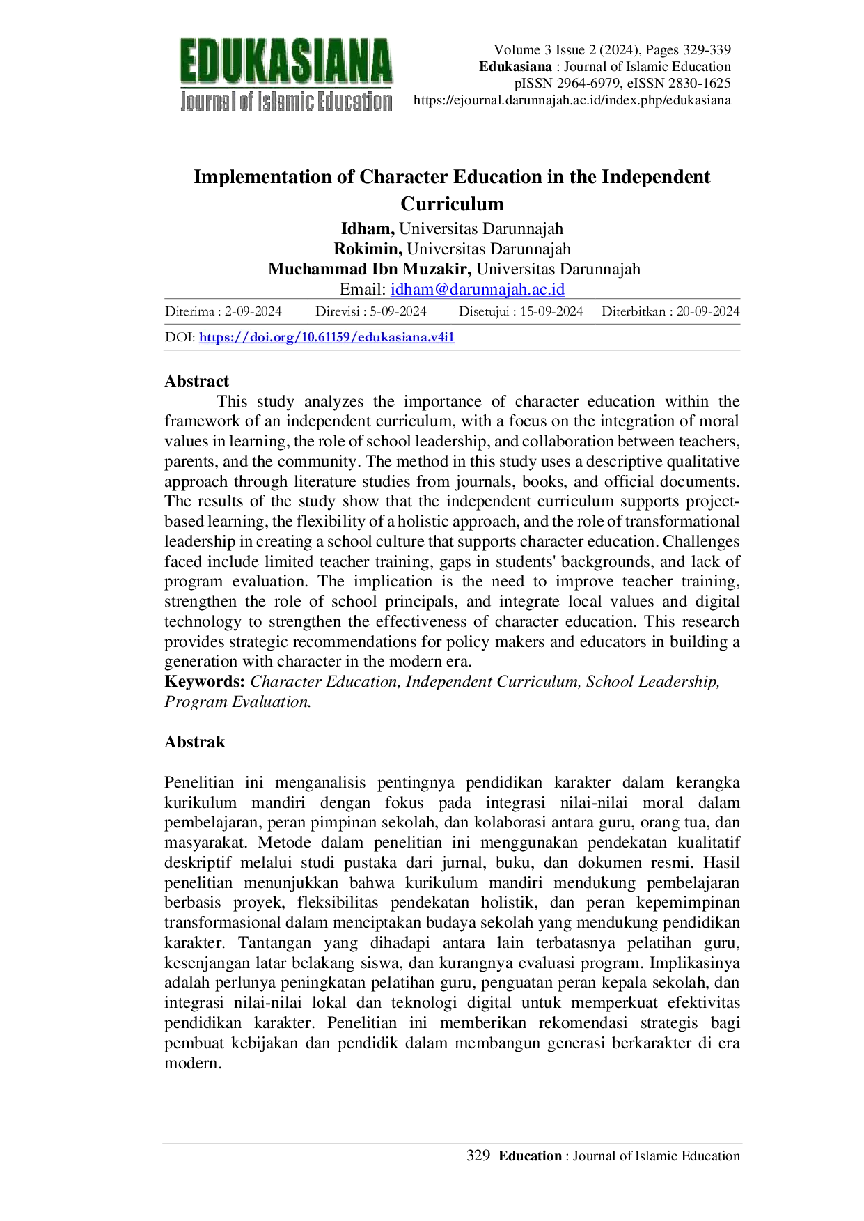 JURIS Implementation of Character Education in the Independent Curriculum