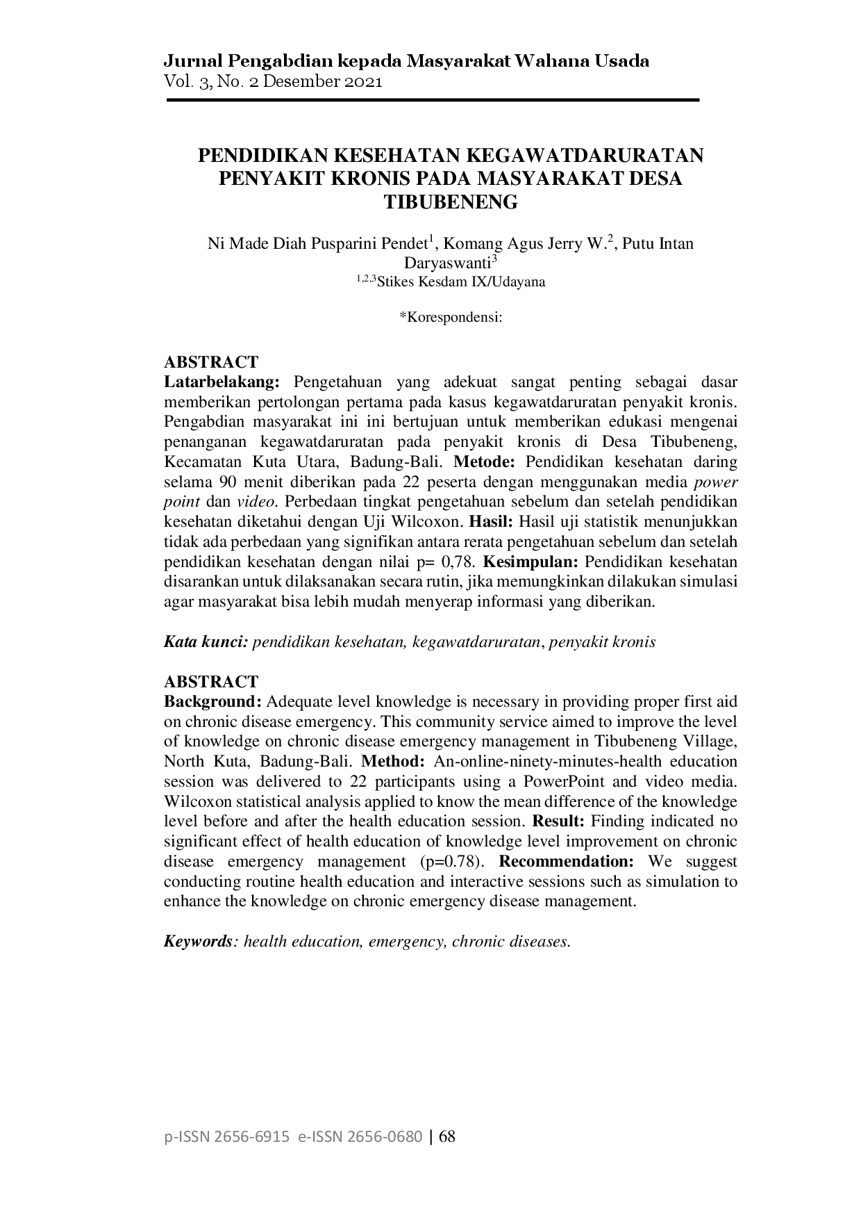 juris Pendidikan Kesehatan Kegawatdaruratan Penyakit Kronis pada Masyarakat Desa Tibubeneng