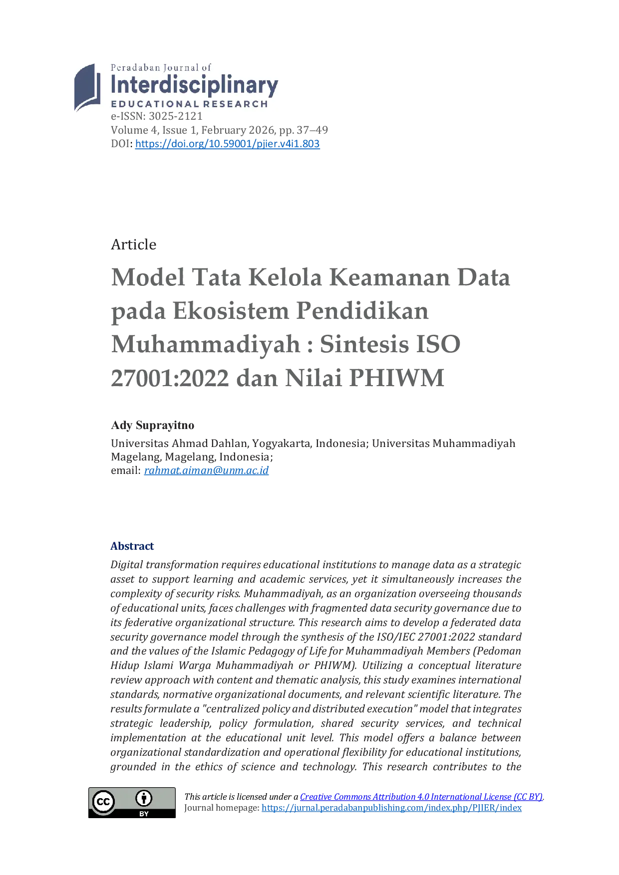 JURIS Model Tata Kelola Keamanan Data pada Ekosistem Pendidikan Muhammadiyah