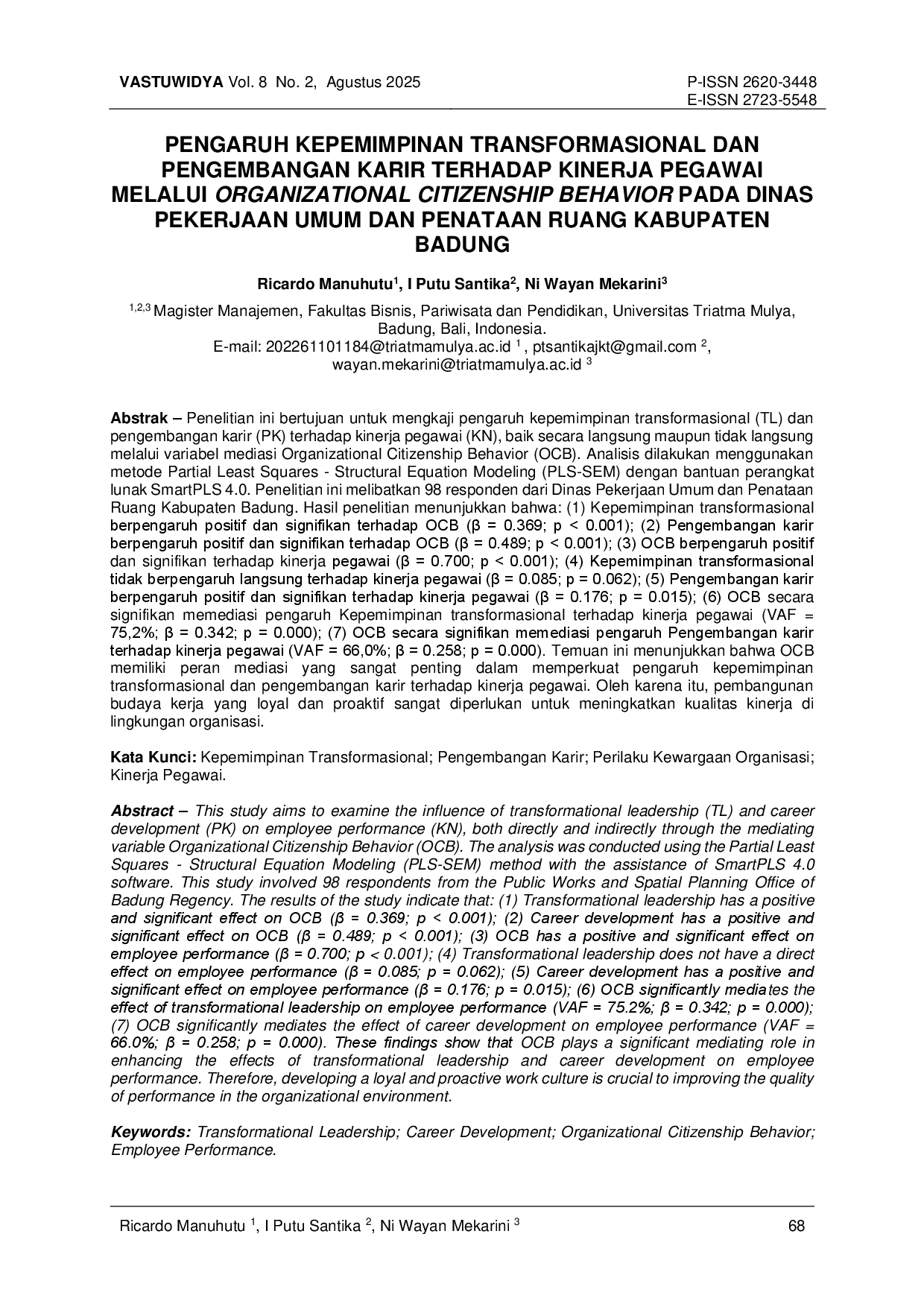 JURIS Pengaruh Kepemimpinan Transformasional Dan Pengembangan Karir Terhadap Kinerja Pegawai Melalui Organizational Citizenship Behavior Pada Dinas Pekerjaan Umum Dan Penataan Ruang Kabupaten Badung