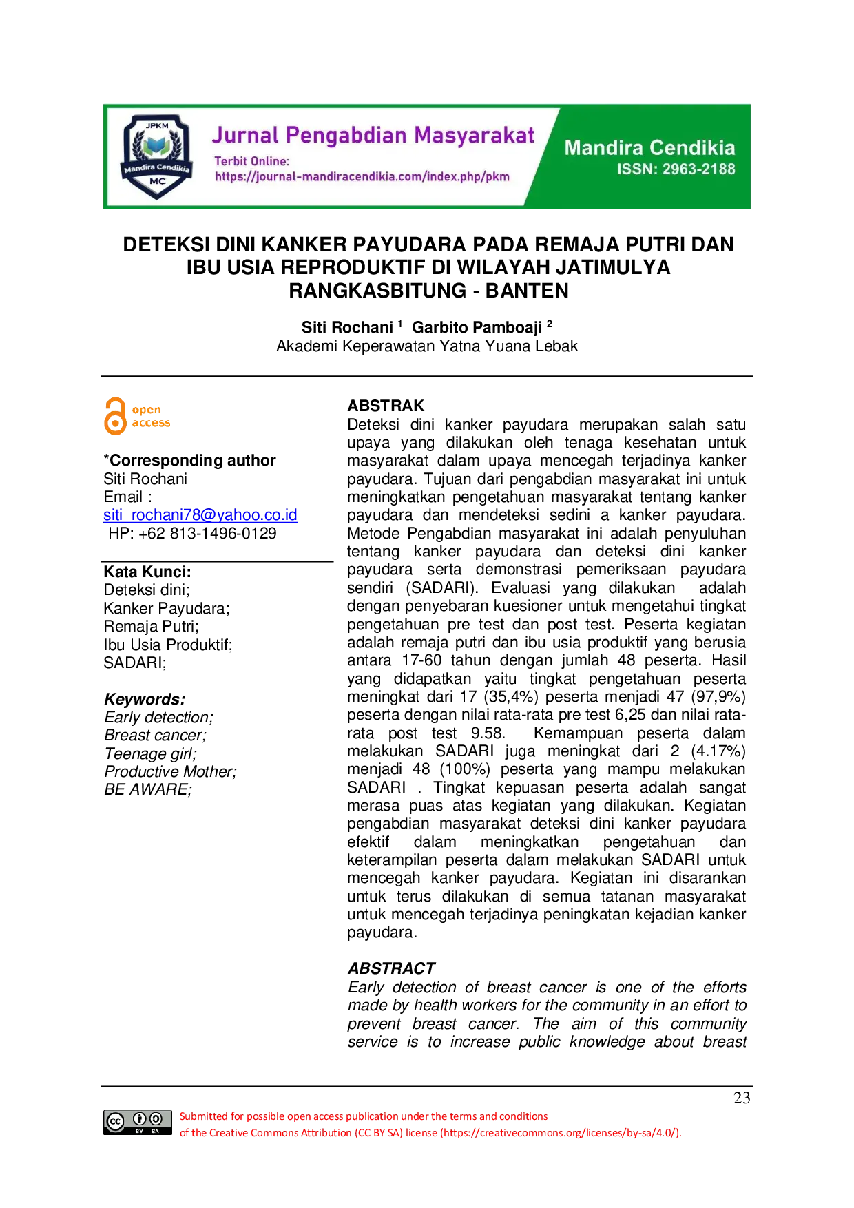 JURIS Deteksi Dini Kanker Payudara Pada Remaja Putri Dan Ibu Usia Reproduktif Di Wilayah Jatimulya Rangkasbitung Banten