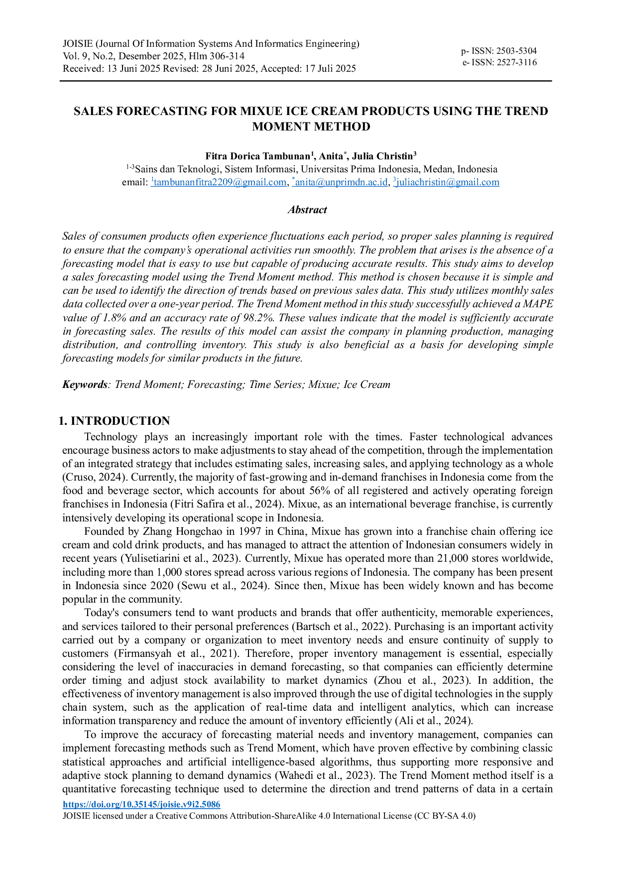 JURIS SALES FORECASTING FOR MIXUE ICE CREAM PRODUCTS USING THE TREND MOMENT METHOD