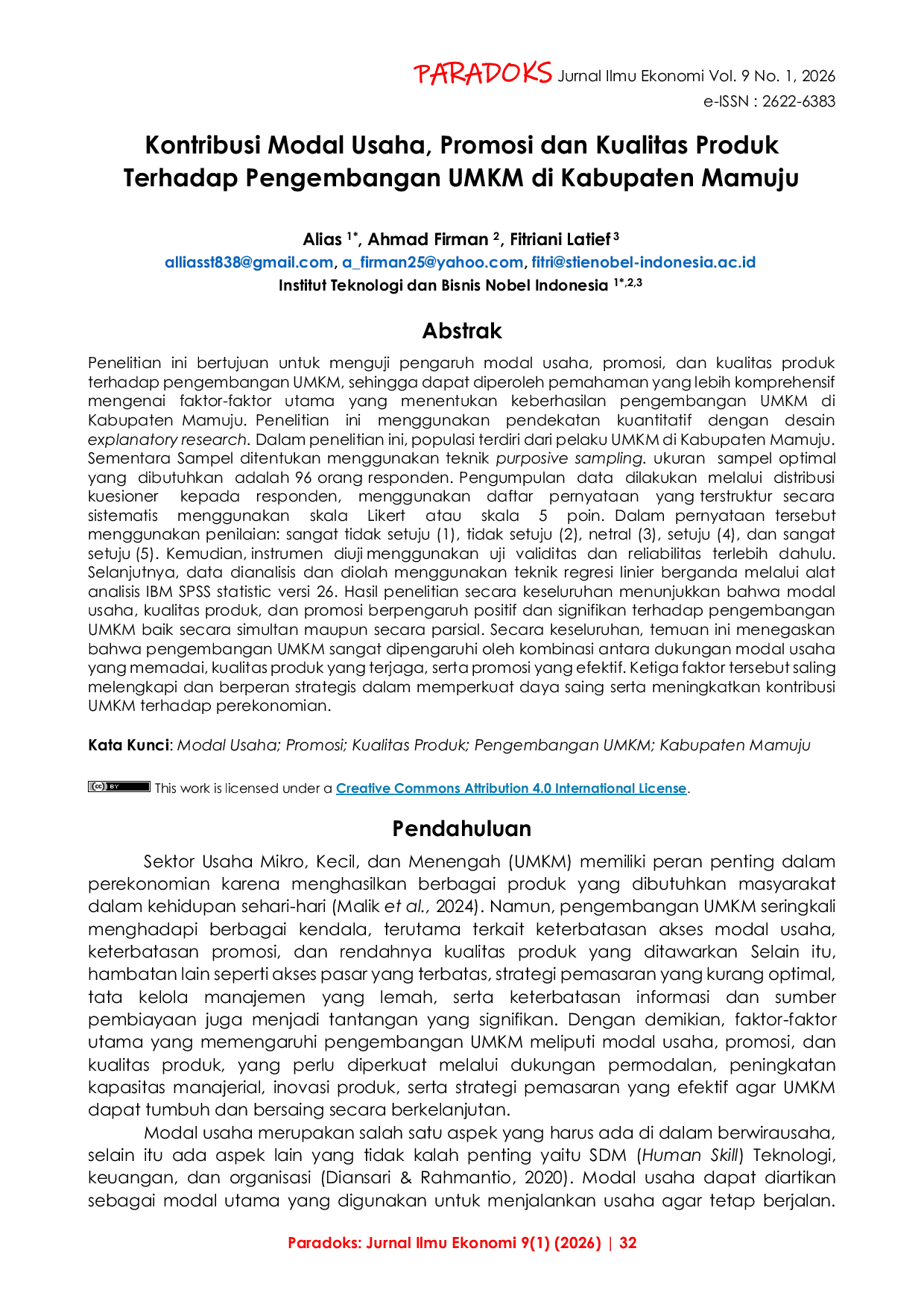 JURIS Kontribusi Modal Usaha Promosi dan Kualitas Produk Terhadap Pengembangan UMKM di Kabupaten Mamuju