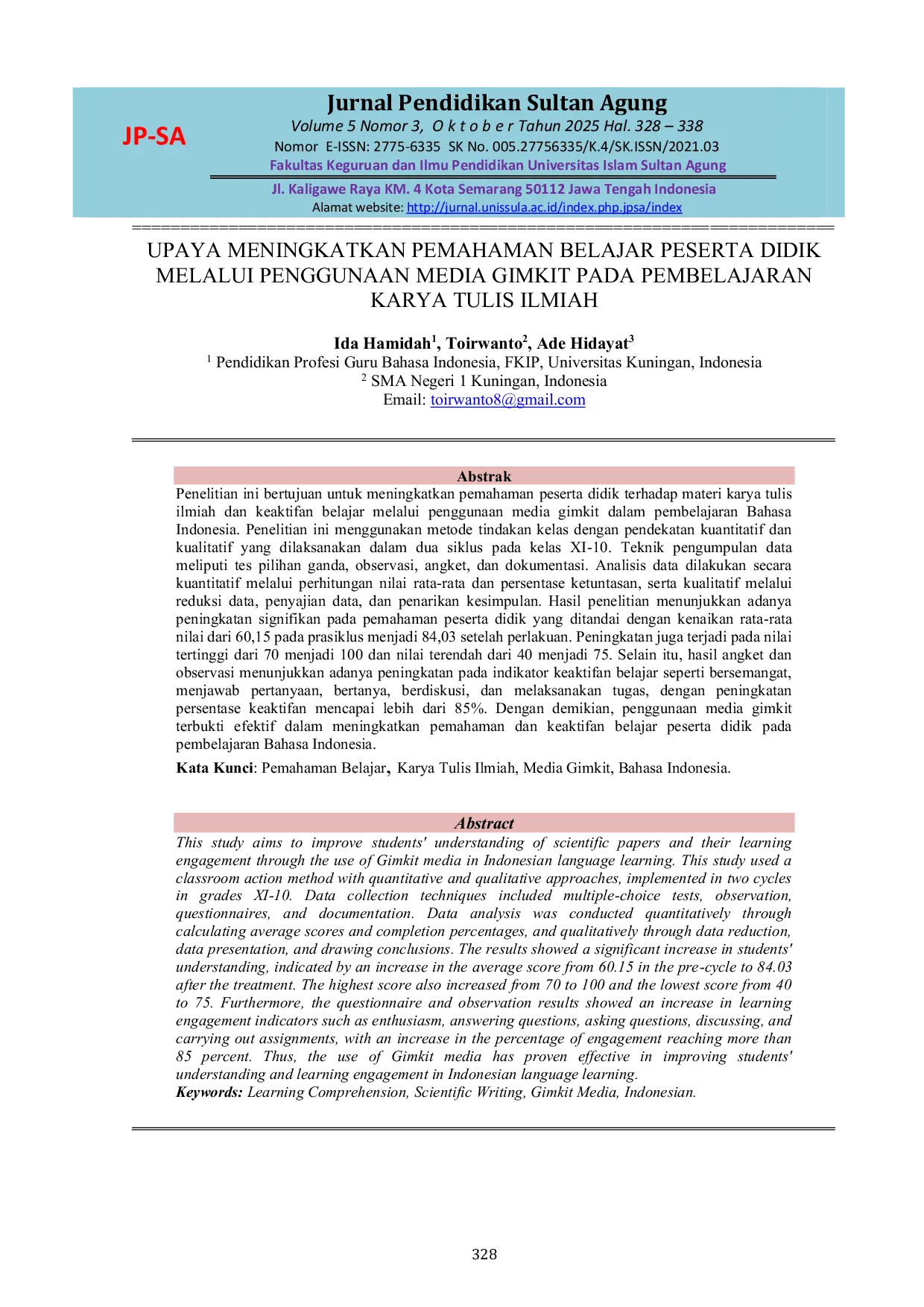 JURIS Upaya Meningkatkan Pemahaman Belajar Peserta Didik Melalui Penggunaan Media Gimkit Pada Pembelajaran Karya Tulis Ilmiah