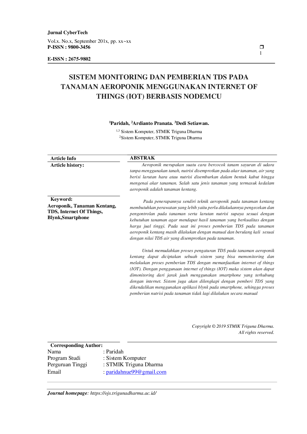 JURIS Sistem Monitoring dan Pemberian TDS pada Tanaman Aeroponik Menggunakan Internet of Things IOT Berbasis NodeMcu