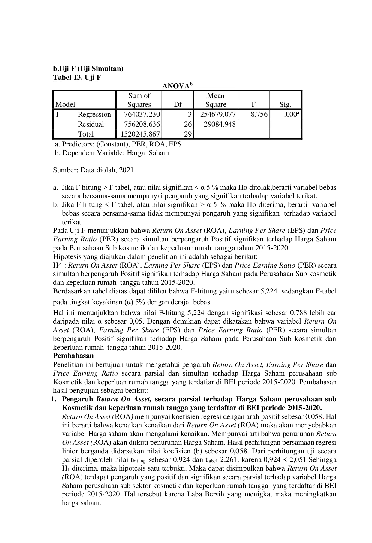 JURIS PENGARUH RETURN ON ASSETS EARNING PER SHARE DAN PRICE EARNING RATIO TERHADAP HARGA SAHAM PADA PERUSAHAAN KOSMETIK DAN BARANG KEPERLUAN RUMAH TANGGA YANG TERDAFTAR DI BURSA EFEK INDONESIA BEI TAHUN