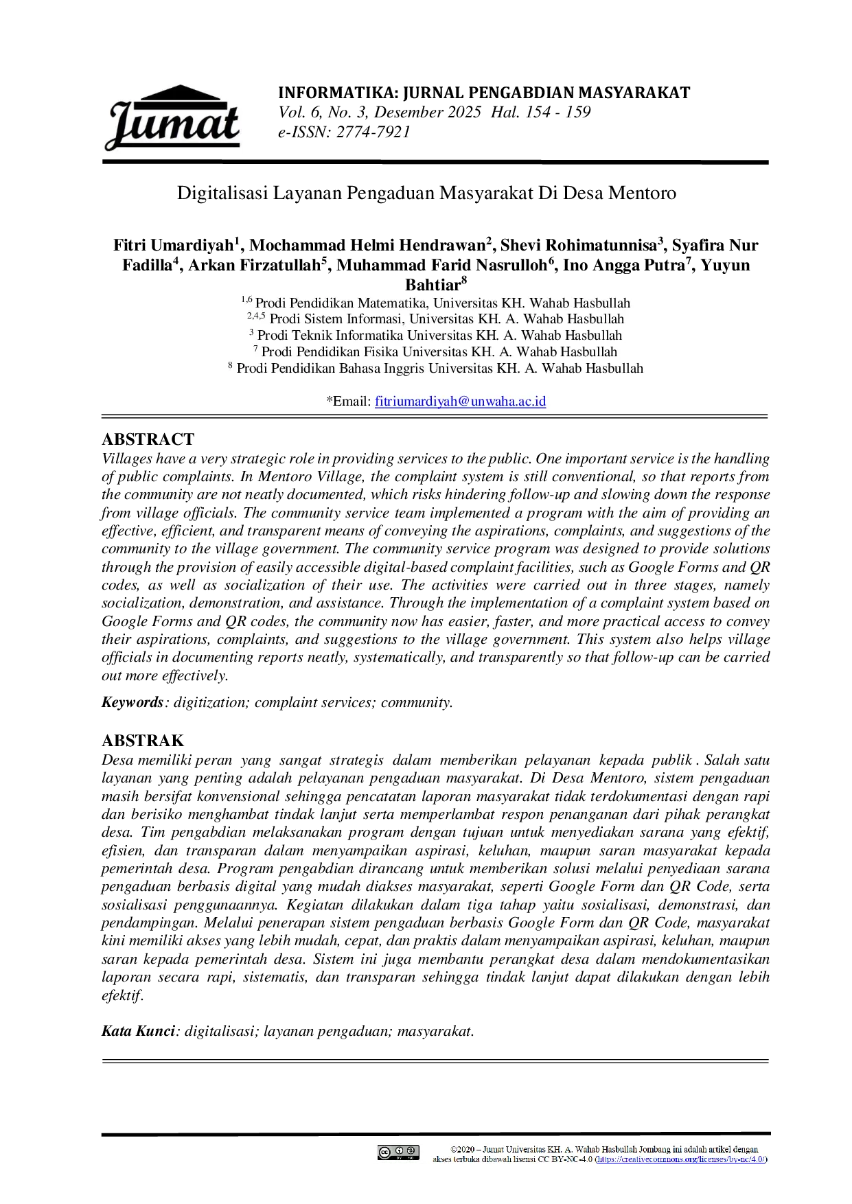 JURIS Digitalisasi Layanan Pengaduan Masyarakat Di Desa Mentoro