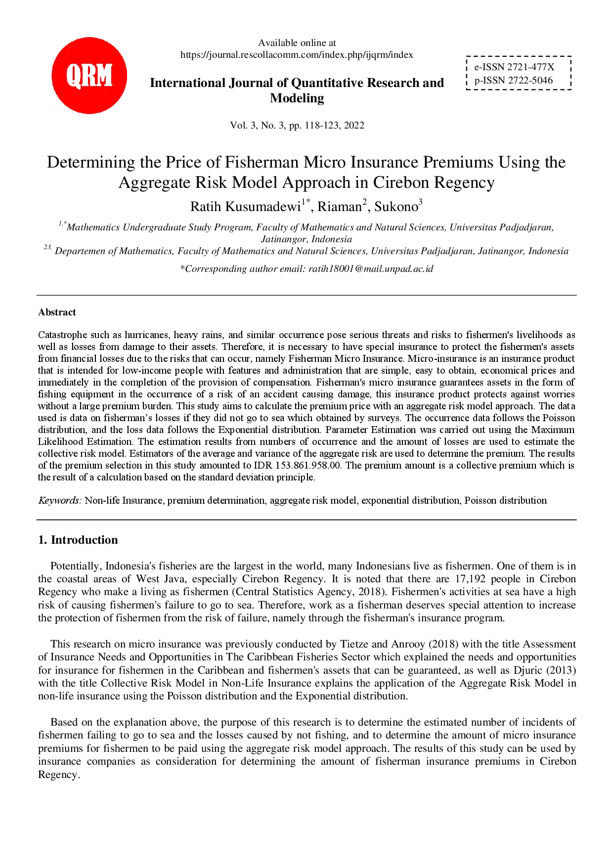 juris Determining the Price of Fisherman Micro Insurance Premiums Using the Aggregate Risk Model Approach in Cirebon Regency