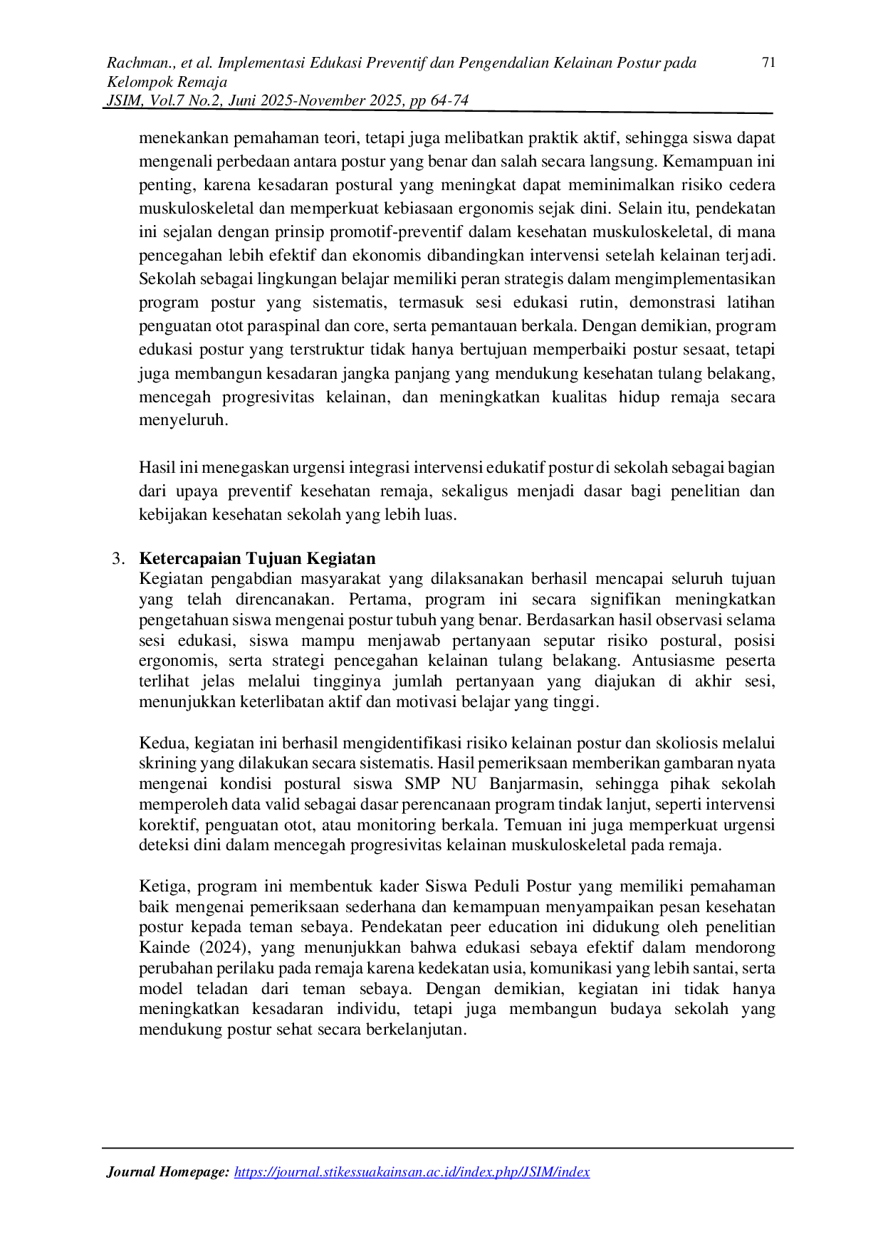JURIS Implementasi Edukasi Preventif dan Pengendalian Kelainan Postur Pada Kelompok Remaja