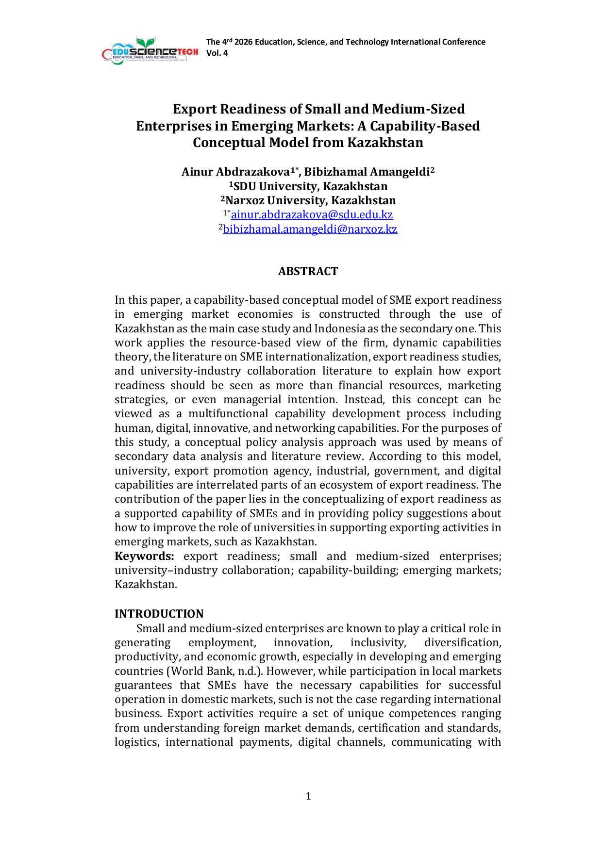 JURIS Export Readiness of Small and Medium Sized Enterprises in Emerging Markets A Capability Based Conceptual Model from Kazakhstan