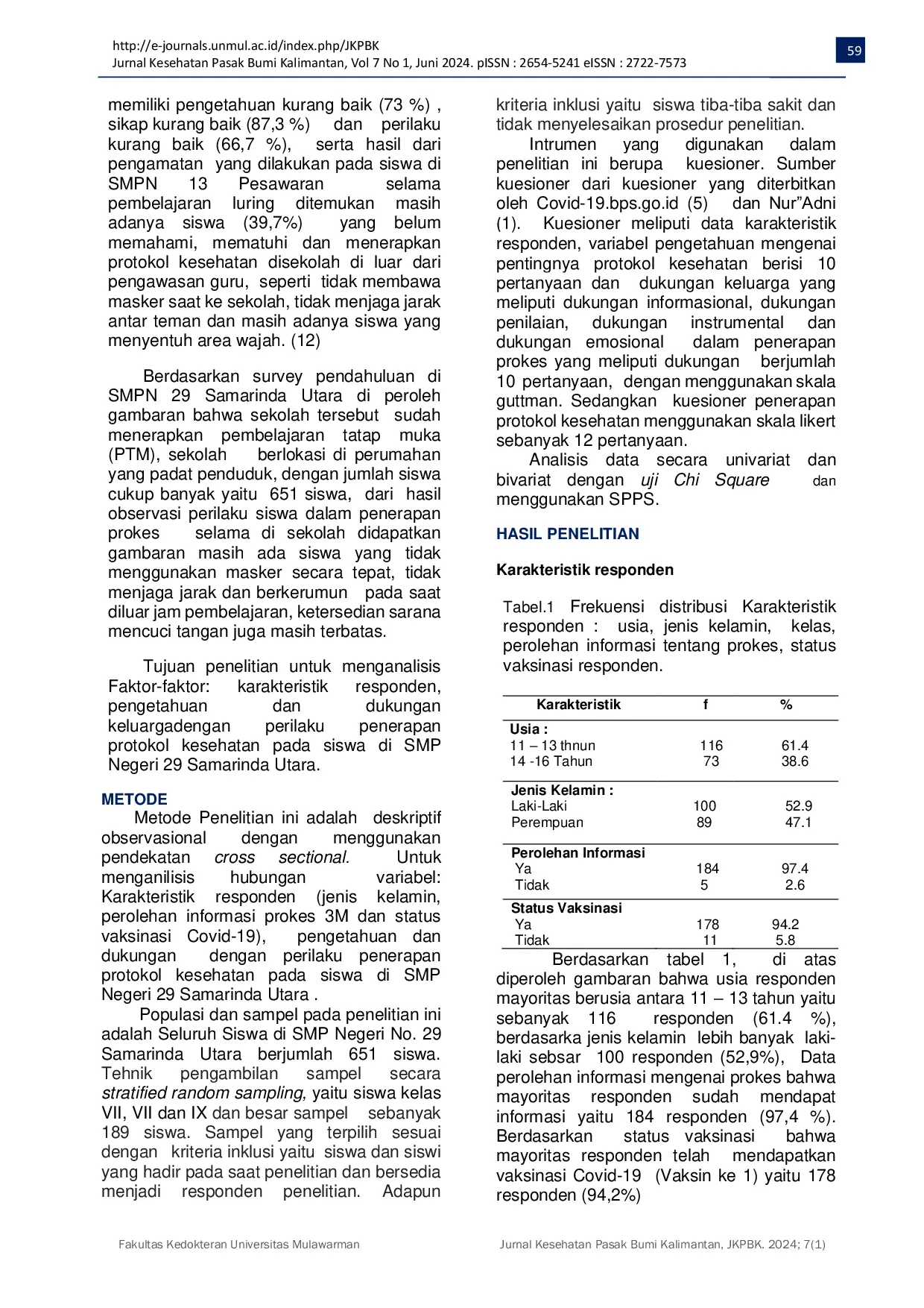 JURIS Factors Associated With The Behavior Of Implementing Health Protocols Among Students At SMP Negeri 29 North Samarinda