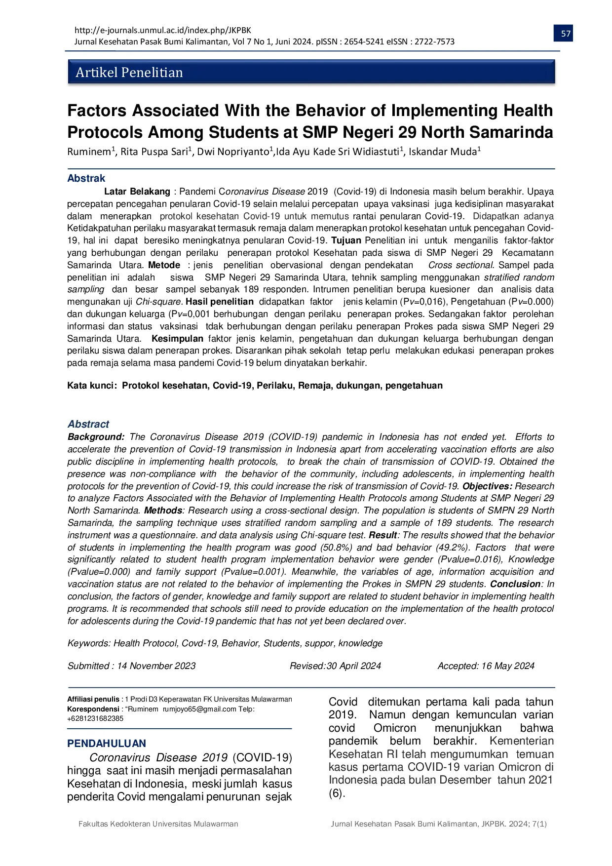 JURIS Factors Associated With The Behavior Of Implementing Health Protocols Among Students At SMP Negeri 29 North Samarinda
